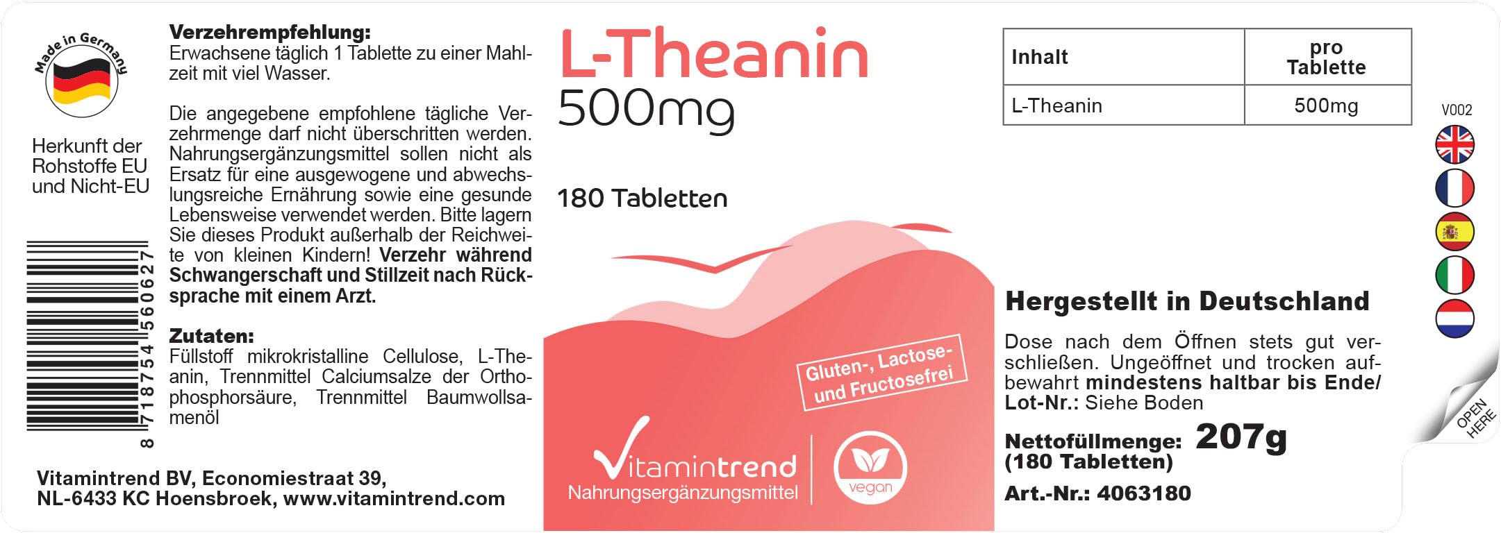 Vitamintrend L-Théanine haute dose 500 mg, 180 comprimés, acide aminé, complément alimentaire végan sans additifs, fabriqué en Allemagne