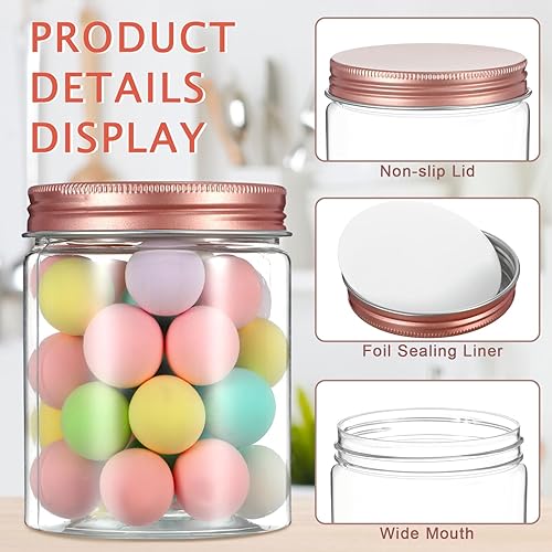 Miniatura 3 de Hushee Paquete de 24 tarros de plástico transparente de 8 onzas con tapas de oro rosa, recipientes vacíos transparentes para cosméticos de boca