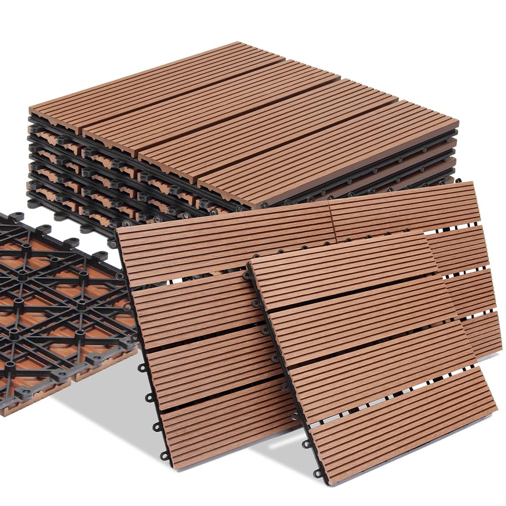 BAKAJI Set 11 Pezzi Piastrelle in WPC da Giardino con Sistema di Drenaggio Acqua, Pavimento Piastrella Resistente Agli Agenti Atmosferici Ideale per Esterno, Patio, Balcone, Terrazzo (Terracotta)