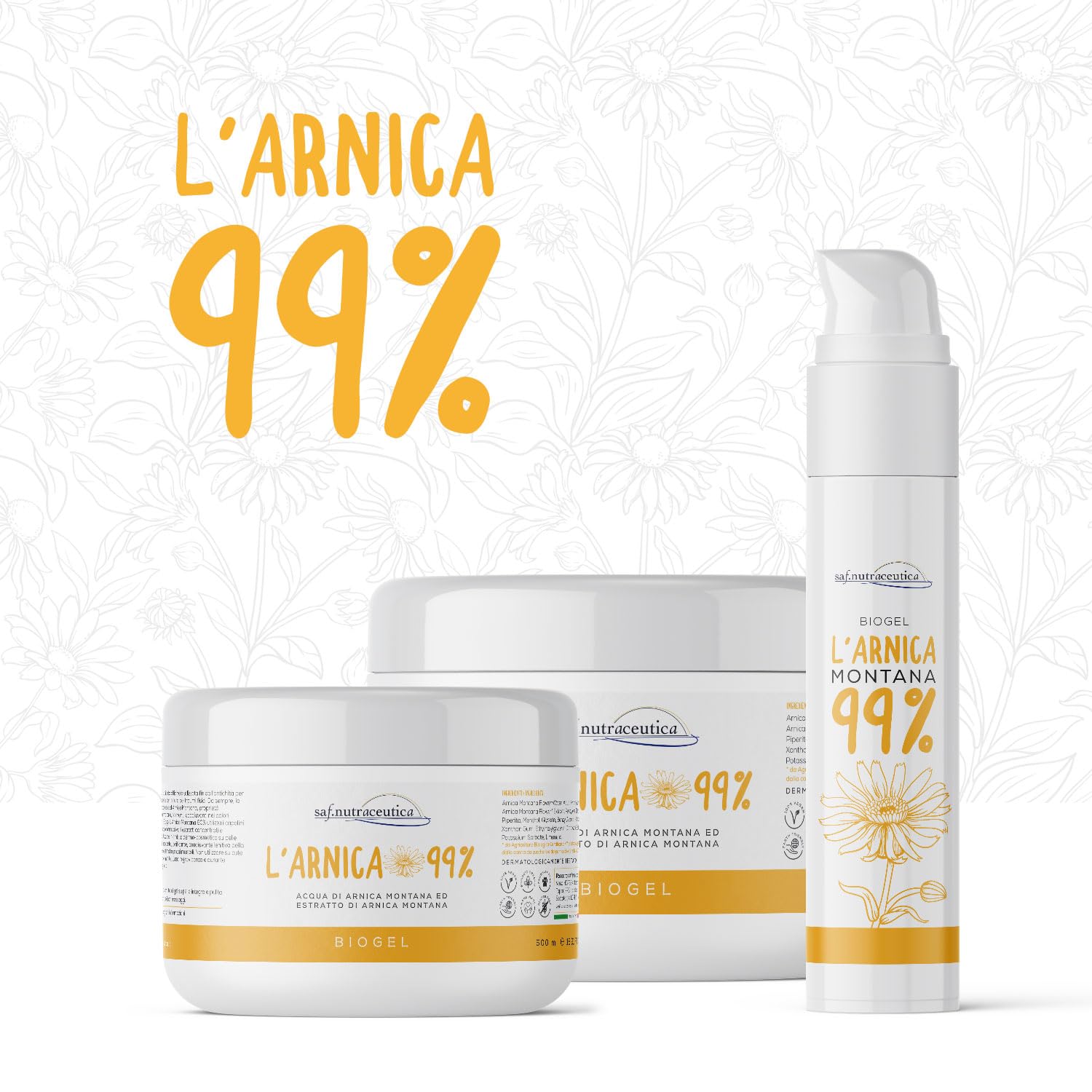 Saf.Nutraceutica - Arnica 99% pour Chevaux Usage Humain Biogel Extra Fort, à Action Rapide, 99% Naturel, Super Concentré avec Trois Extraits d'Arnica Montana, Testé Dermatologiquement, 100 ml