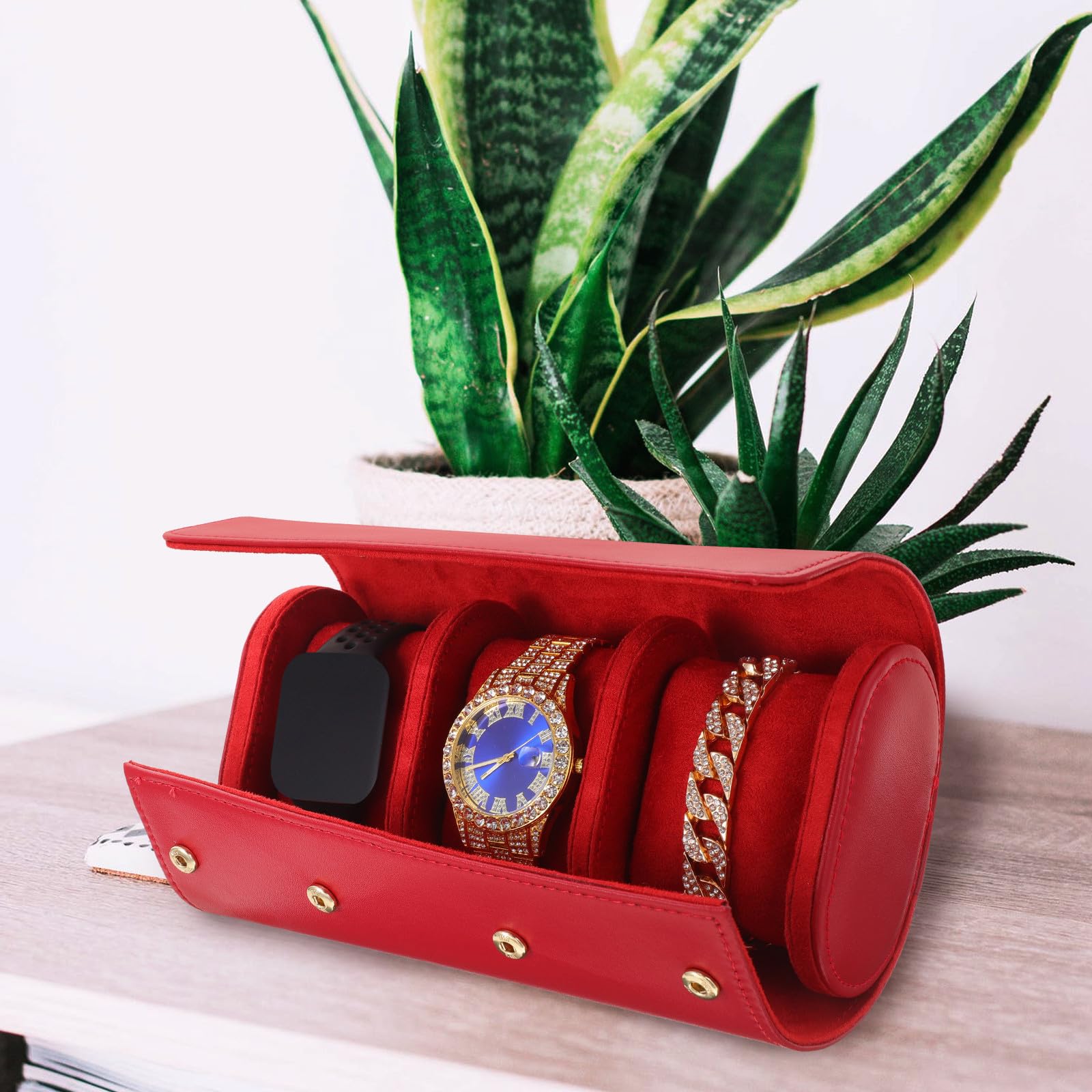 SHINEOFI Estuche Enrollable para Relojes de Cuero Rojo 3 Compartimentos