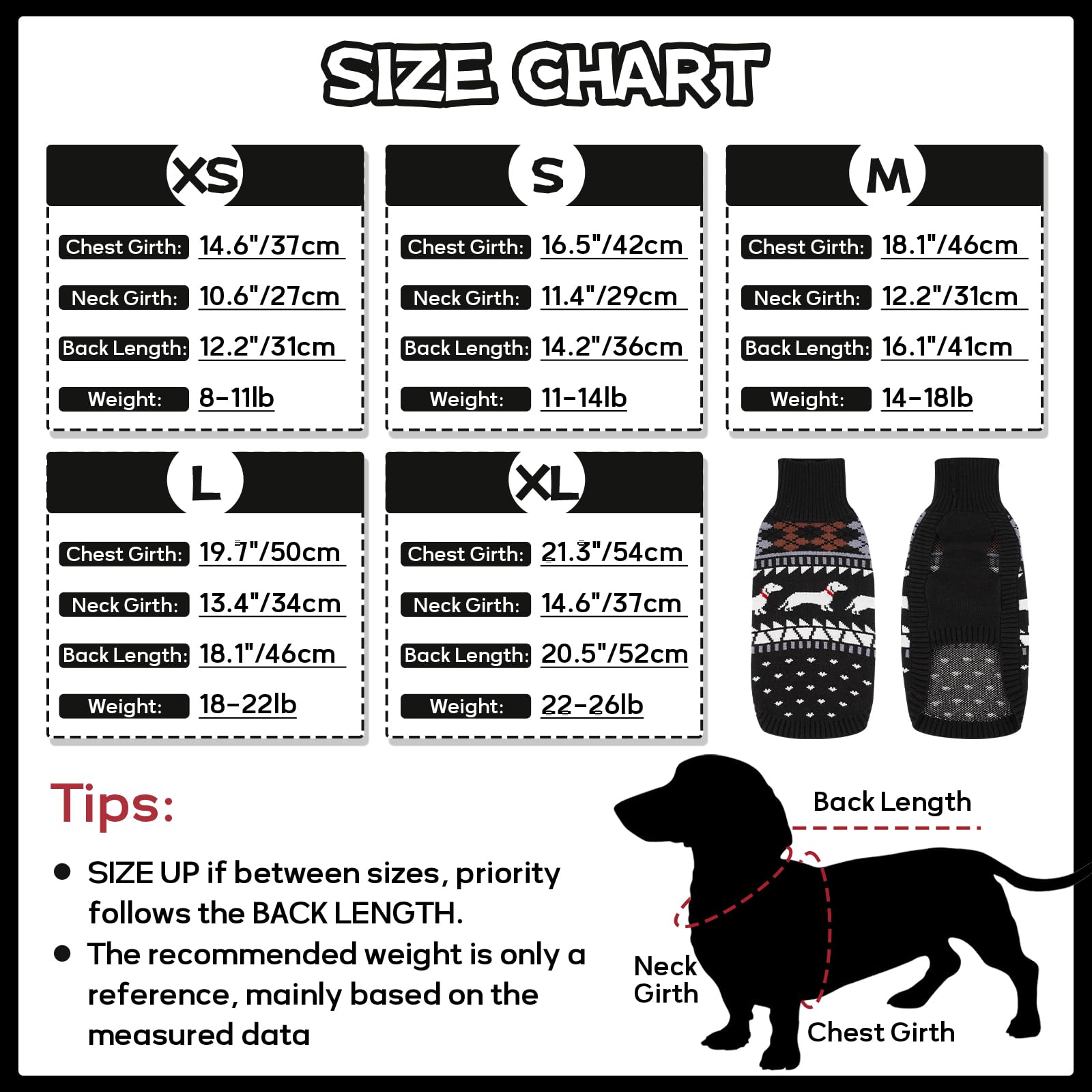 Pull à col roulé pour chien mignon avec motif teckel - Pull en polaire douce à col roulé pour petits chiens - Cadeau d'automne et d'hiver - Noir - Taille XL