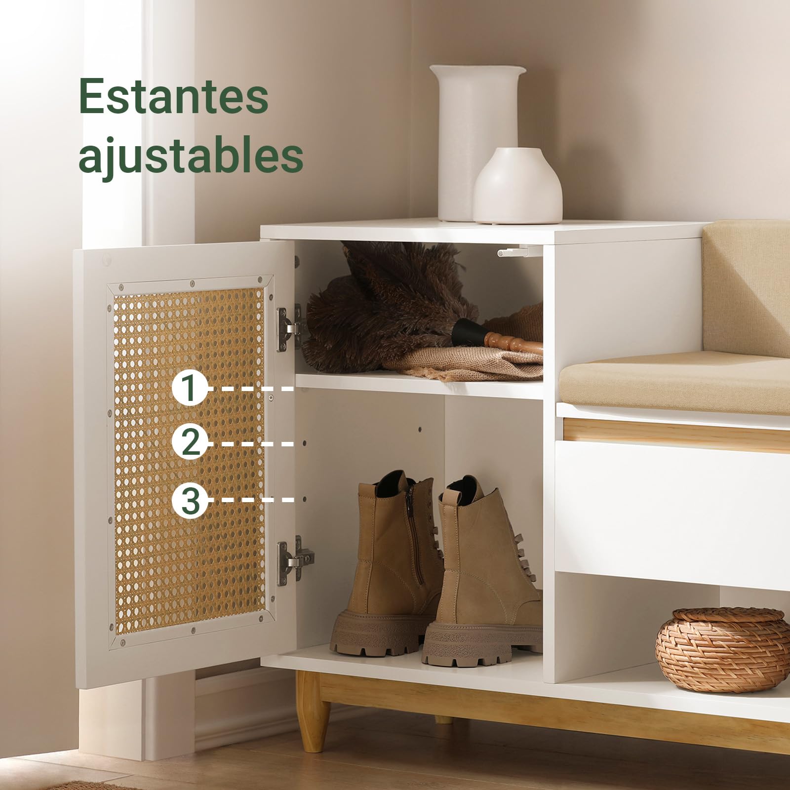 SoBuy Banco Zapatero con cajón 100x35x60cm para recibidor | Banco entrada con asiento, cajón, puerta y estantes ajustables, MDF E1, carga 150kg blanco FSR128-W