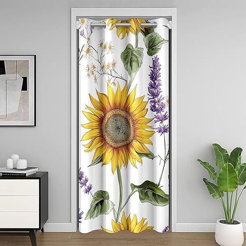 Cortina opaca de girasol, tratamiento floral, cortina para puerta, oscurecimiento de habitación, patrón de flores amarillas, con aislamiento