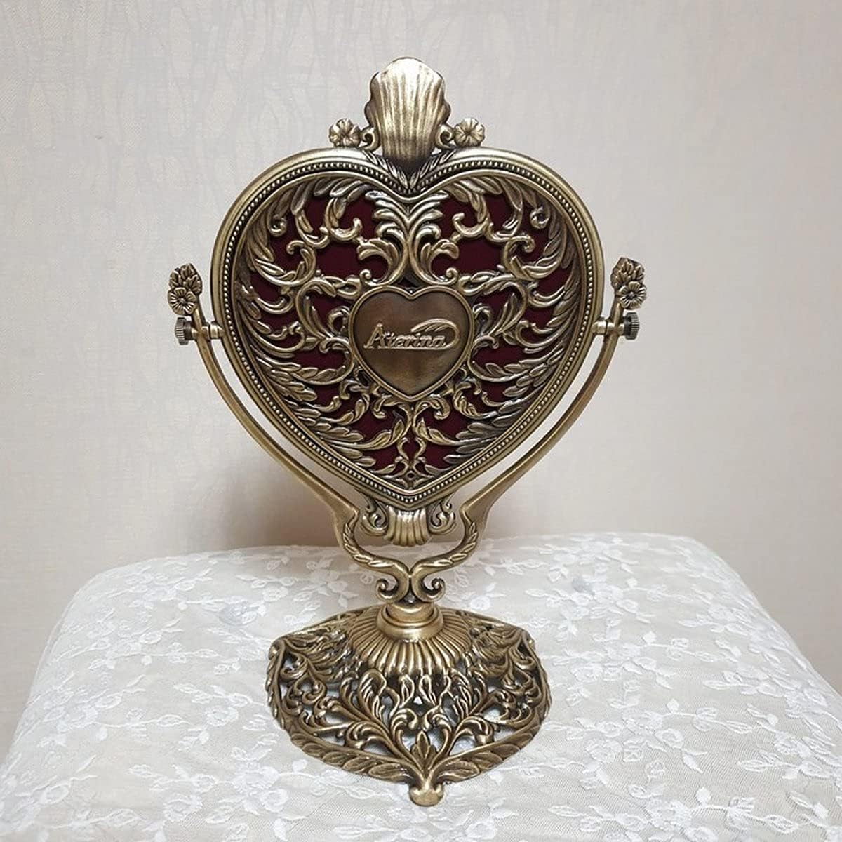 SEHAMANO Vintage Heart Shaped Vanity Mirror with Embossed Feather/Antique & Luxury Decorative Table top Retro Mirror with Mounted Bead for Bedroom, Living Room and Room Decor (Brass (Matt Gold))