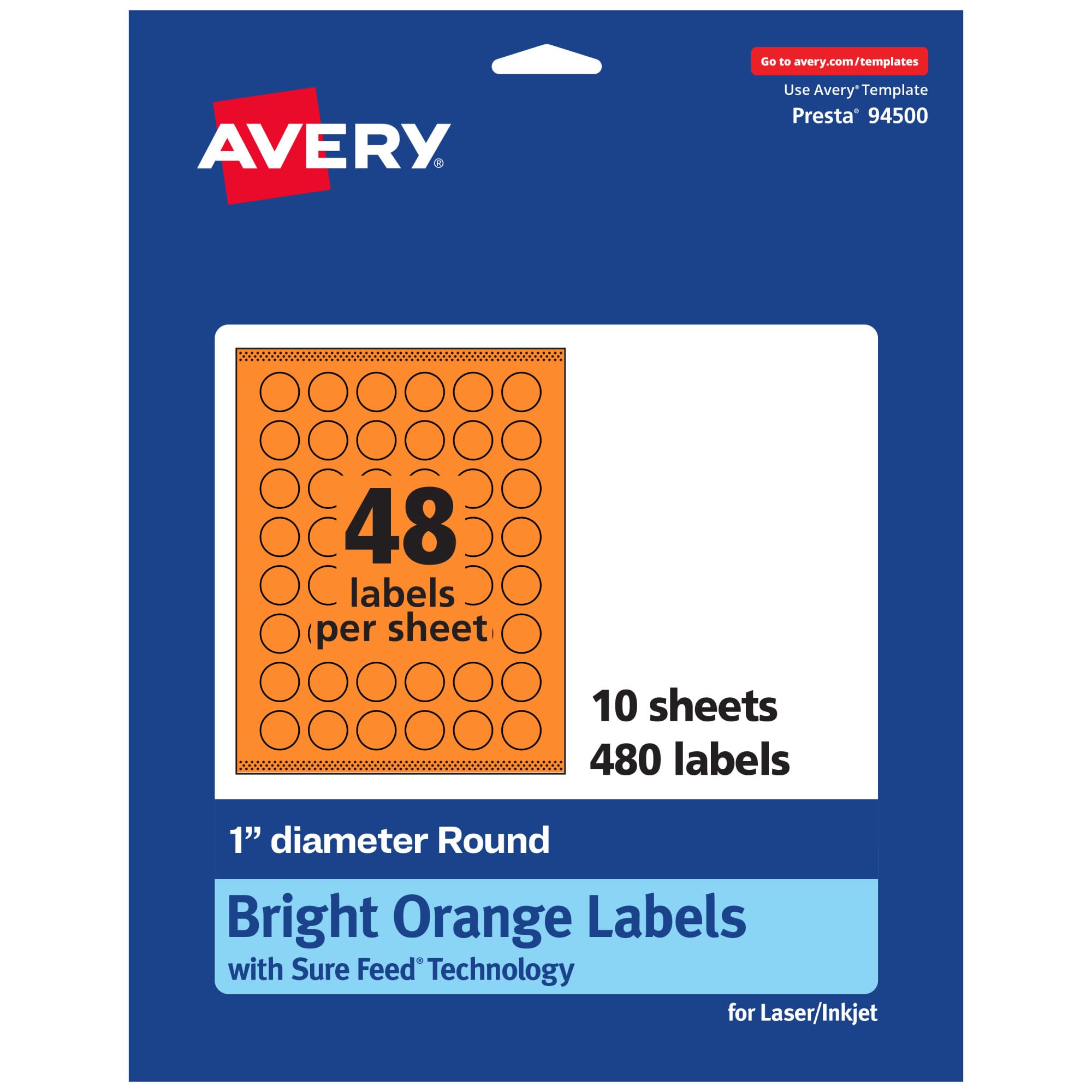 Avery Printable Round Labels, Sure Feed Technology, 1" Diameter, Bright Orange Labels, Print-to-The-Edge, Laser/Inkjet, 480 Total, Great for Price
