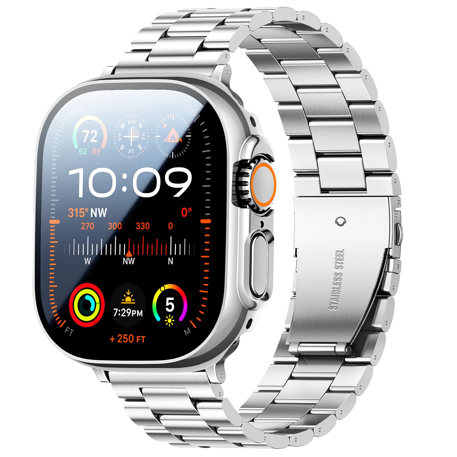 Bekomo Compatible with Apple Watch Band 49mm 46mm 44mm 45mm 42mm 40mm 38mm 41mm, Stainless Steel iWatch Bands with 2 Pack Tempered Glass Case for