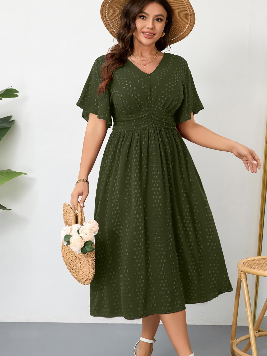 RWJ Women's Plus Size Maxi Dress V Neck Short Sleeve Swiss Dot A Line High Waist Boho Swing Casual Summer Dresses - Image 3