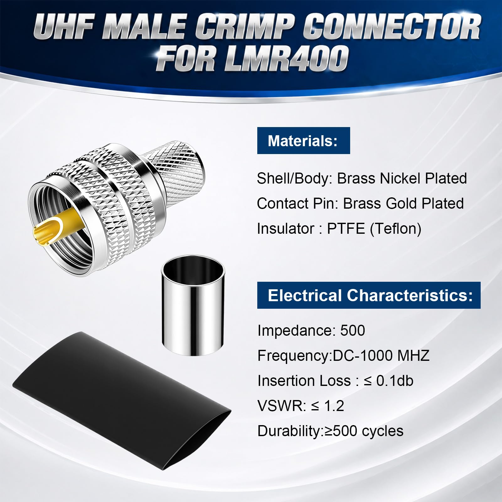 Tallew Confezione da 20 connettori maschio a crimpare Pl-259 per cavo coassiale, spina Uhf Pl259 con manicotti a crimpare e tubo termoretraibile per radio prosciutto, antenna Cb, cavo coassiale RF a