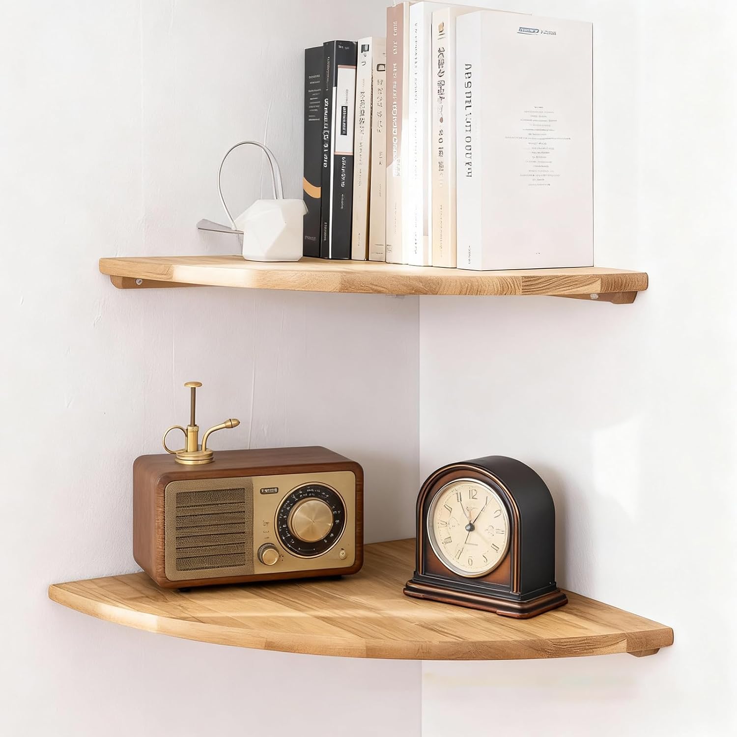 Corner Shelf Wall Mount Set of 2 - Solid Oak Wood Floating Corner Shelf with Cable Hole, 8in&9in Rustic Design for Bedroom, Living Room, Kitchen