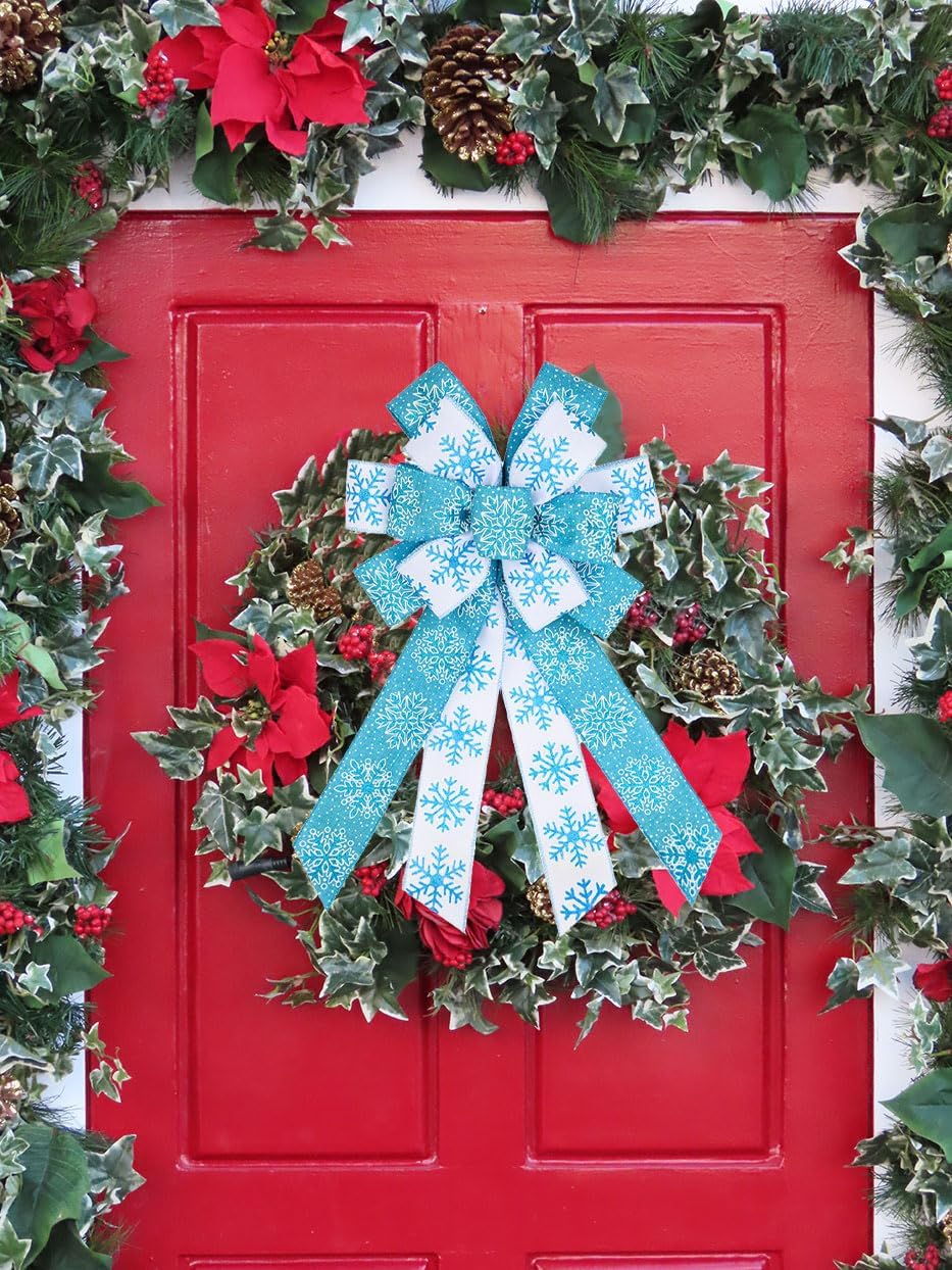 Large Christmas Bows for Wreath, Merry Christmas Wreath Bows White Blue Burlap Bow Winter Holiday Snowflake Craft Ribbon Xmas Tree Bows for Front Door New Year Decorations - Image 5
