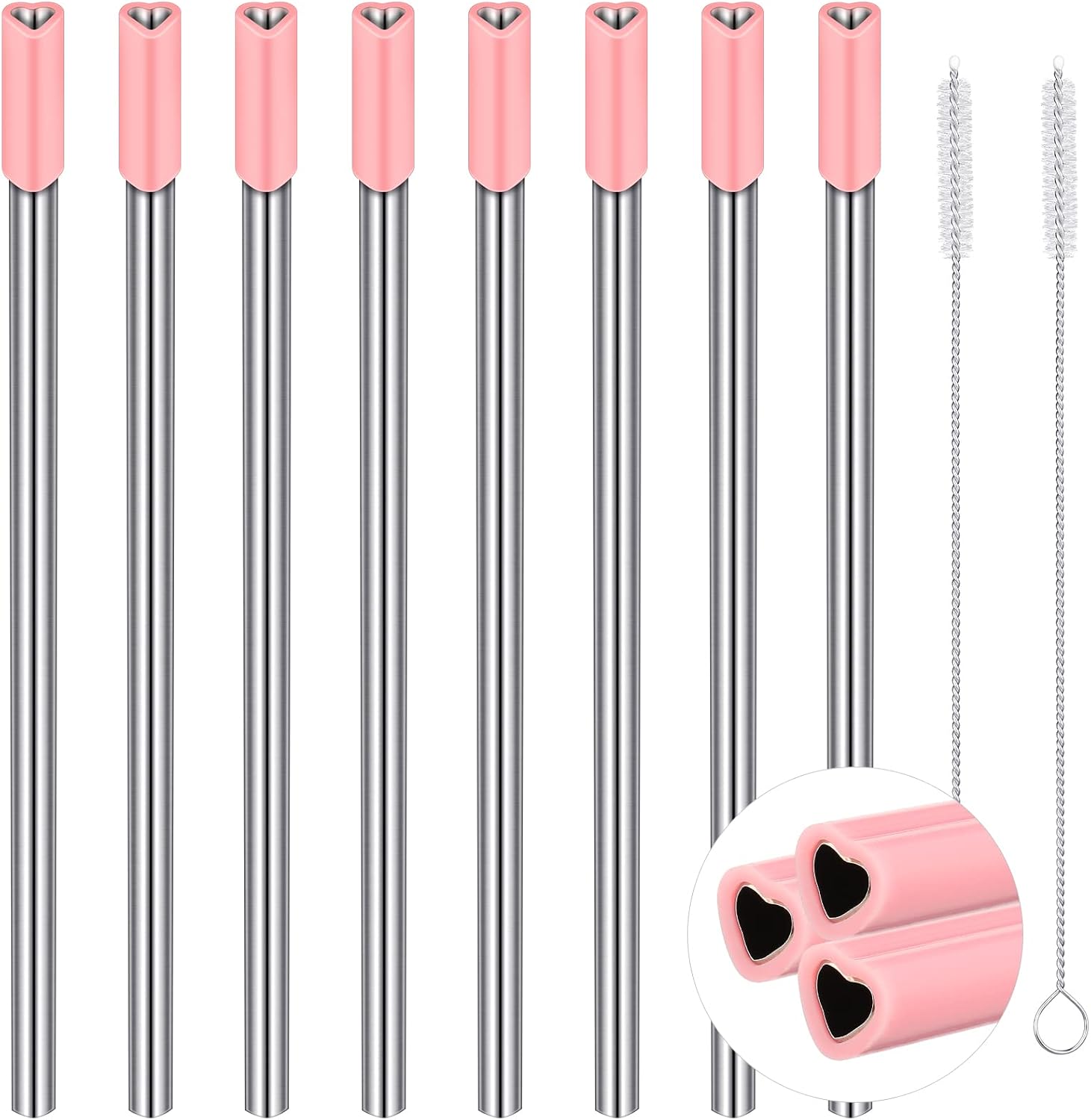 Jutom 8 Pack Metal Heart Straws Reusable Heart Shaped Straw Stainless Steel with Silicone Tips Cute with 2 Cleaning Brushes for Hot Cold Drink (Pink)