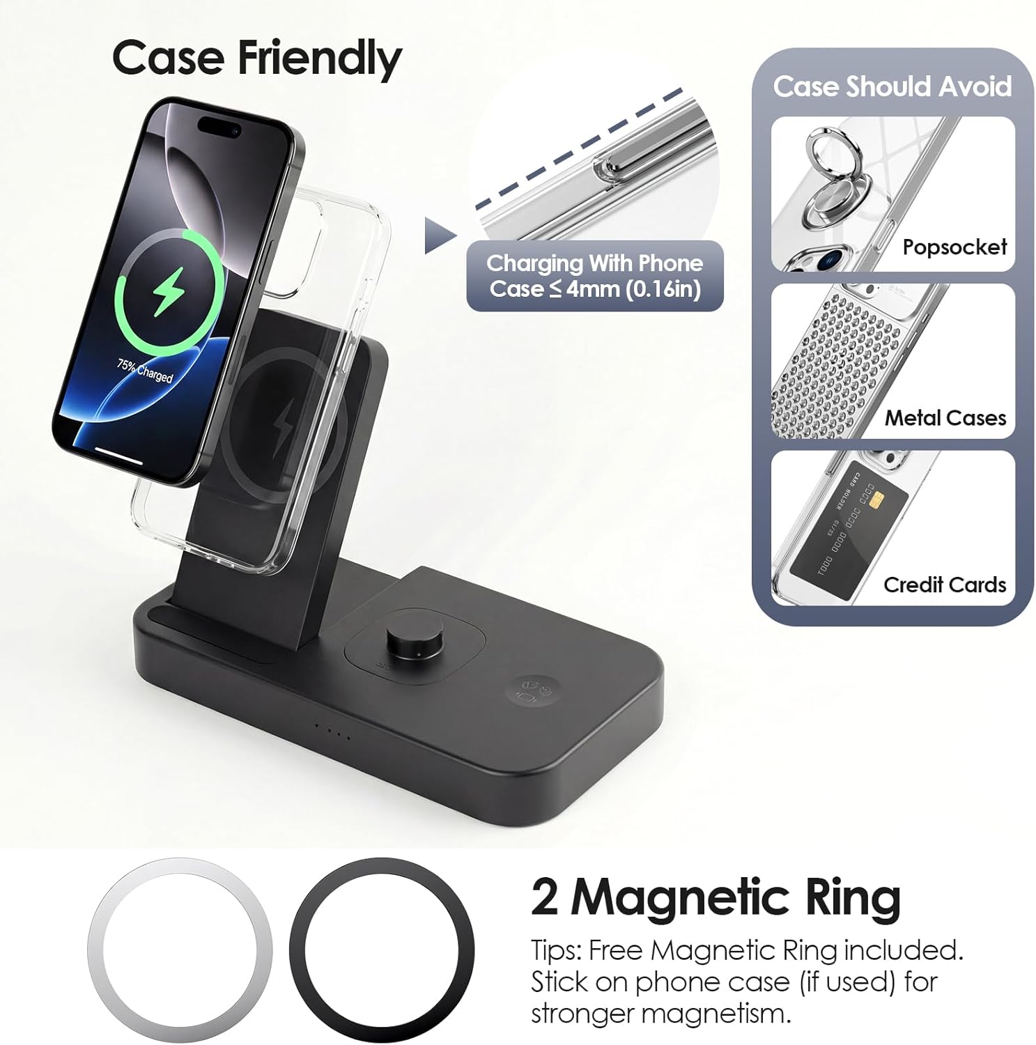 4 in 1 Charging Station for Oura Ring Gen 4 Charger, Fast Charger for iPhone17/16/15/14/13/12, Apple Watch, AirPods, Samsung Galaxy S25/S24/S23/S22/S21, Galaxy Watch Buds (Size 9)
