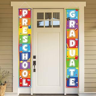 Funnytree 11.8" x 70.9" Preschool Graduation Porch Sign Congrats Graduate Party Door Banner Kids Children Banner Polyester Wall Hanging Flags Decors Windproof Home School Office Events Supplies 2PCS