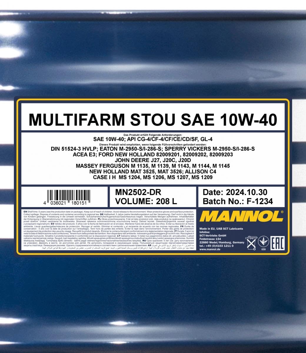 MANNOL Aceite de motor 10W-40 Multifarm Aceite mineral ACEA E3 API CE API CD API SF API GL-4 API CG-4 API CF-4 API CF STOU 208L Compatible con MERCEDES-BENZ Clase E Sedán W211 190 W201 W124 Sedán W124 | Semisintético para motores diesel y cajas de cambios