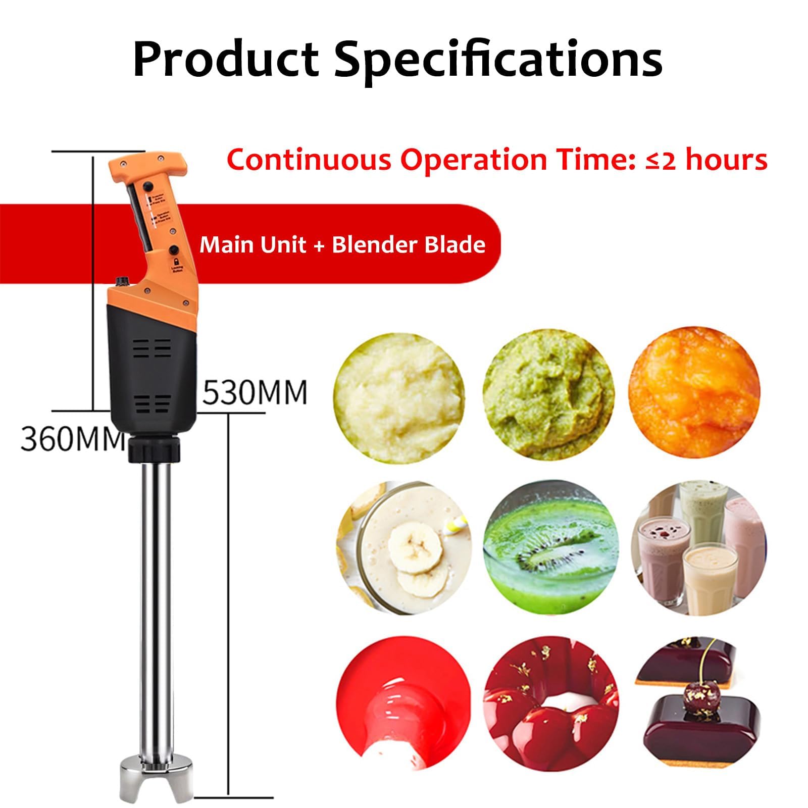 Elektryczny blender kielichowy o mocy 750 W, komercyjne blendery spożywcze, prędkość 12000 obr./min, zdejmowana konstrukcja o długości kija 530 mm, do zup, sosów, puree ziemniaczanego, śmietany