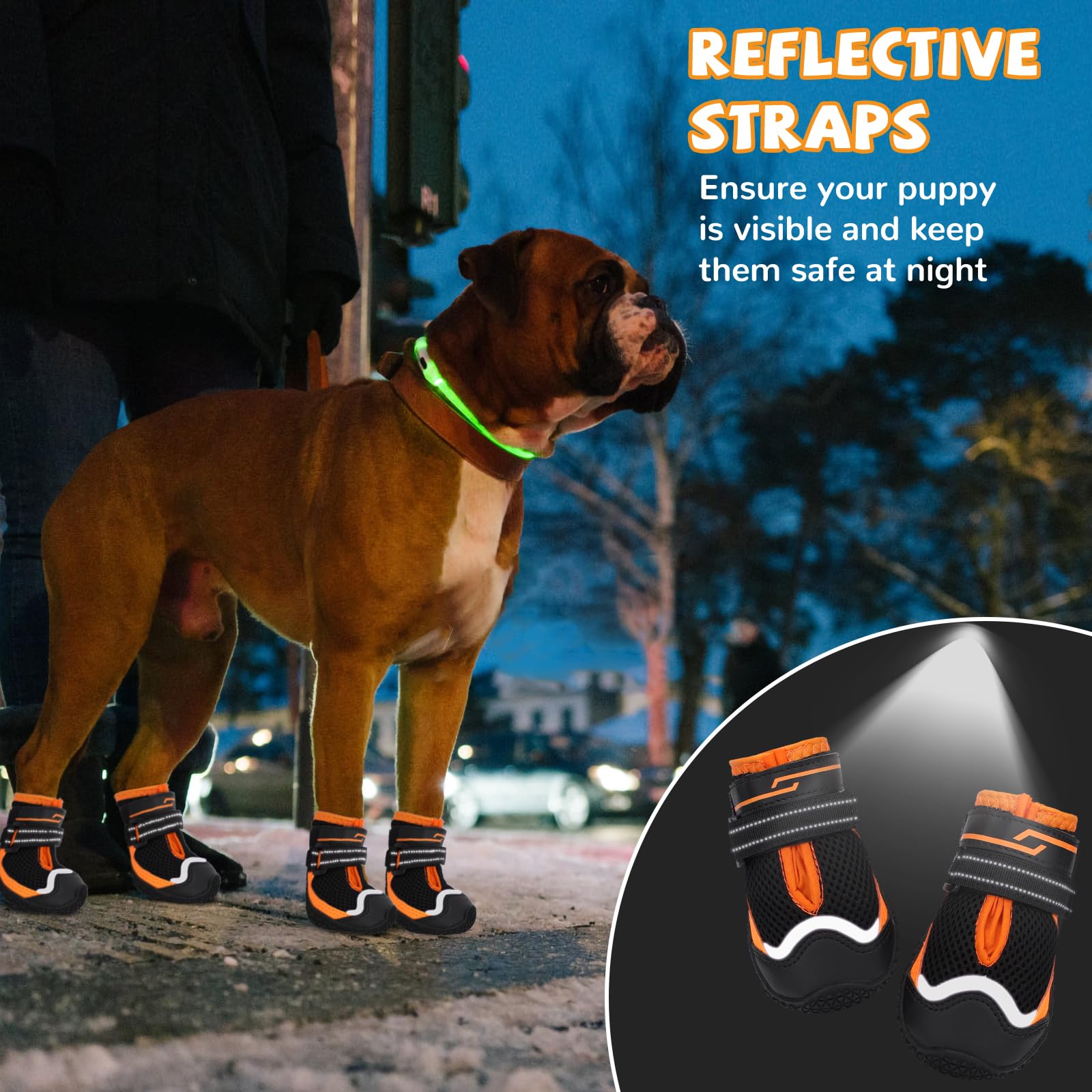 Hundeschuhe für große, kleine, mittelgroße Hunde, Hundeschuhe und Pfotenschutz gegen Lecken, Hundestiefel mit reflektierendem für heiße Pflastersteine, Hartholzböden, Winterschnee, Wandern (Schwarz
