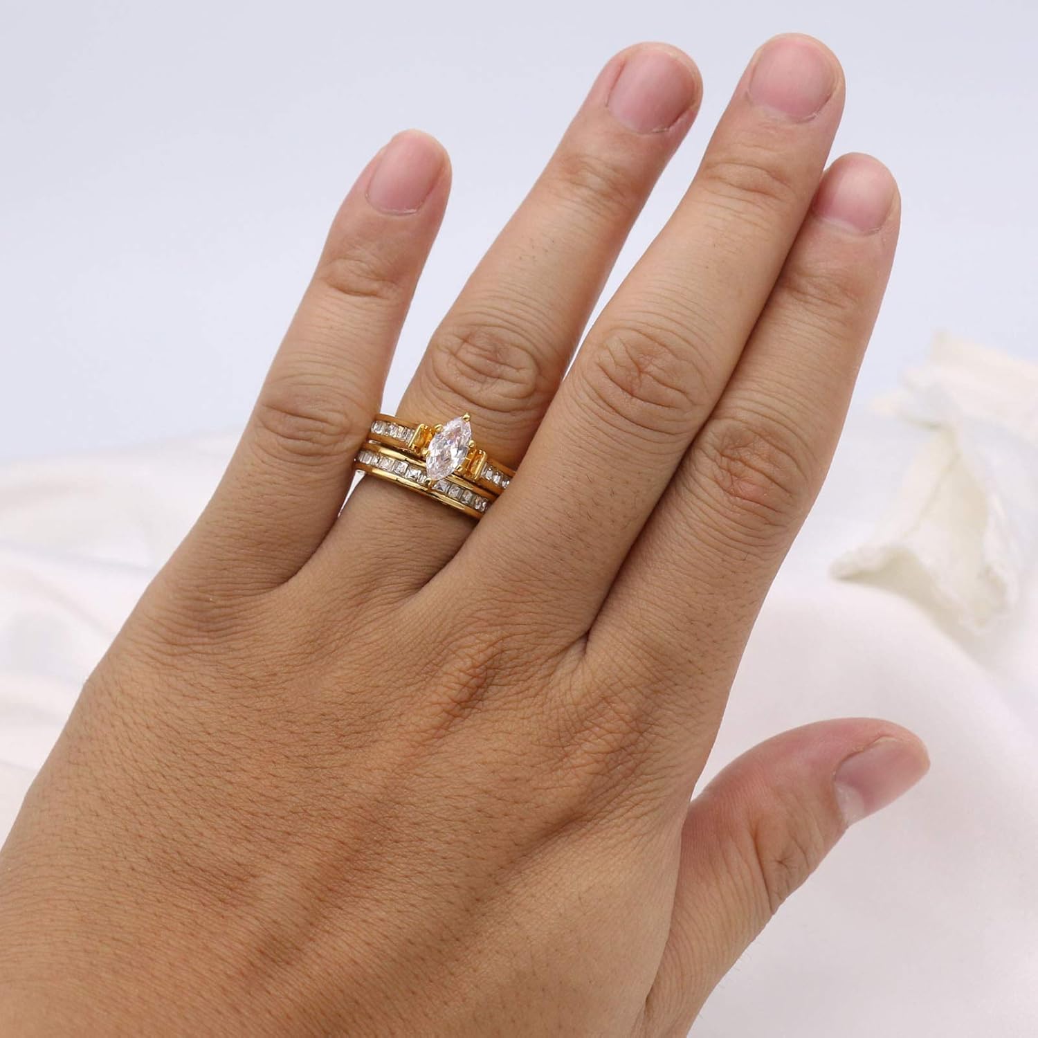 Couple Rings Yellow Gold Plated 1CT Marquise AAA CZ Wedding Ring Set for Him and Her Matching Rings