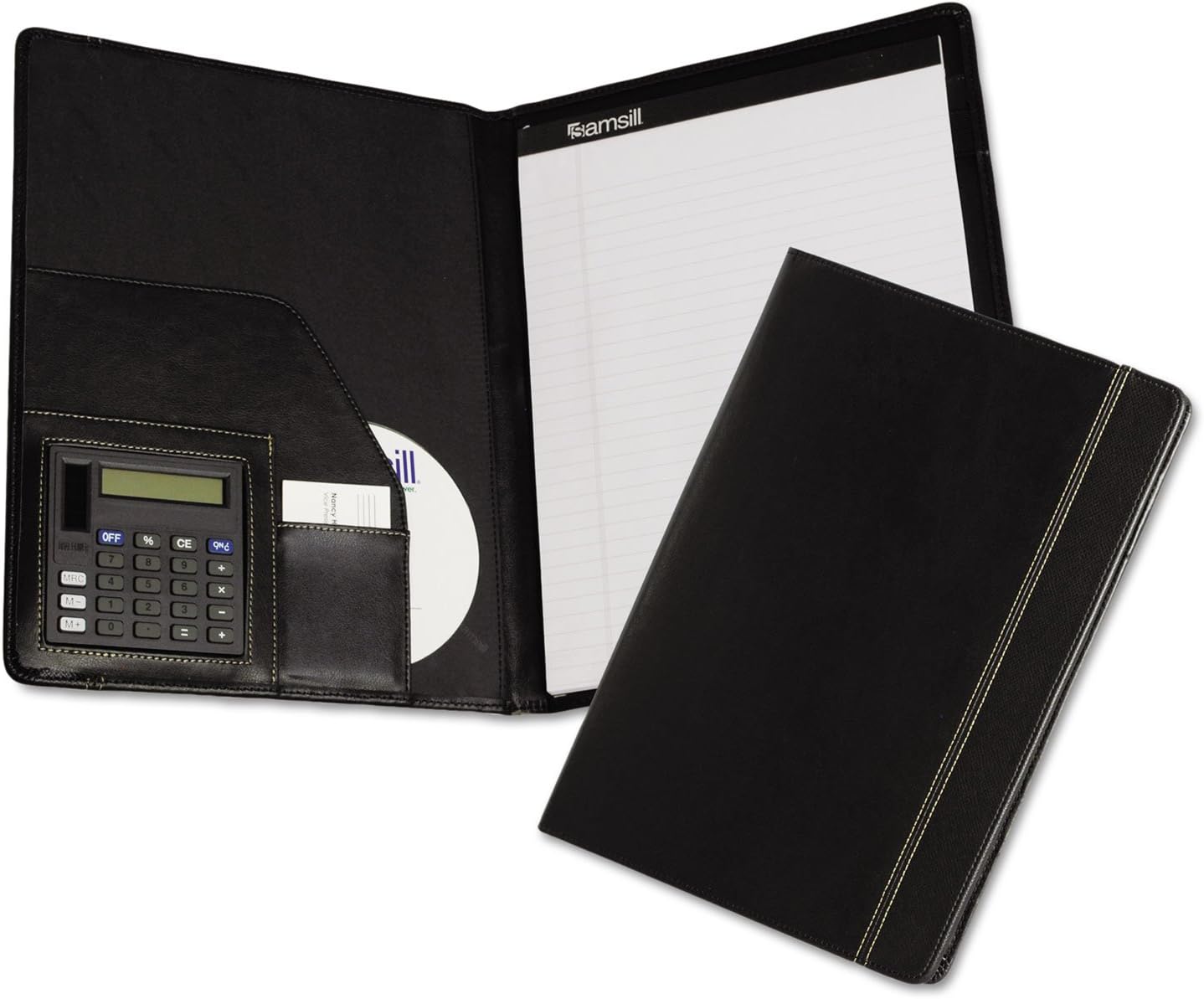 Samsill Professional Slimline Padfolio/Portfolio with Contrast Stitch and Calculator, Refillable Letter Size (8.5"x11") Writing Pad, Black
