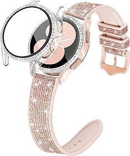 G-ficu Bling Silicone Band Compatible with Samsung Galaxy Watch 4 & 5 Band-40mm with Screen Protector Case, 20mm Quick Release Women Glitter Cute Watch Band & Bling Protective Cover Case (Rose Gold)