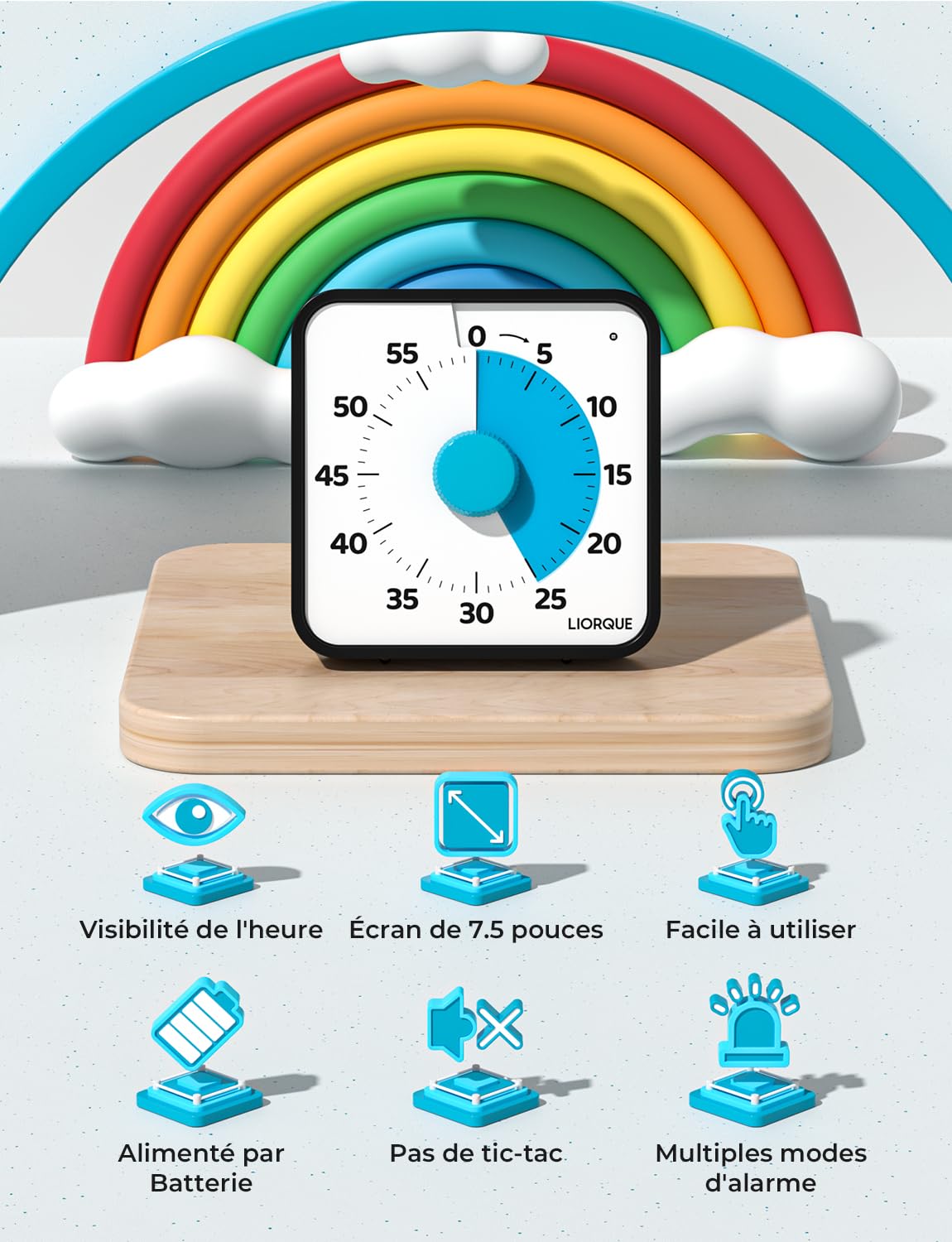 LIORQUE 19cm Grand Minuteur Visuel Timer Classe Aimanté Silencieux 3 Modes Alarme Sonnerie Lumière Vibration