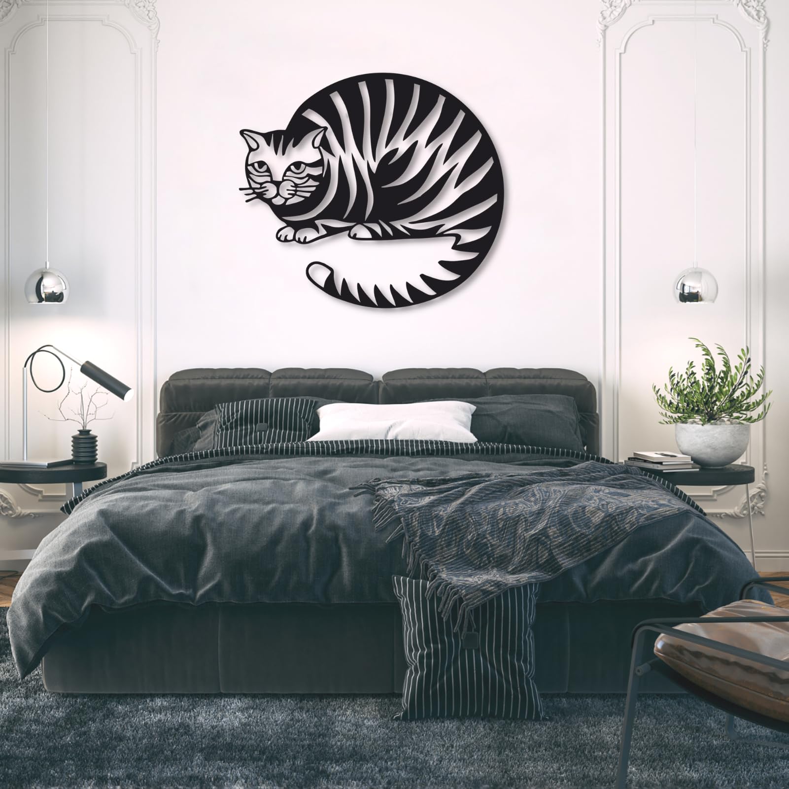 Metalowa sztuka ścienna, dekoracja ścienna kota, geometryczny wystrój kota, minimalistyczna dekoracja ścienna do pokoju dziennego, prezent dla miłośnika kotów, znak, dekoracja ścienna (złoty, 75 x 66