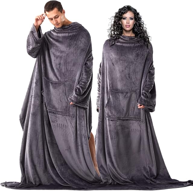 Sherpa Wearable Blanket with Sleeves and Pocket Adults, Lightweight Soft Fleece Wrap TV Throws Blanket Robe for Women and Men