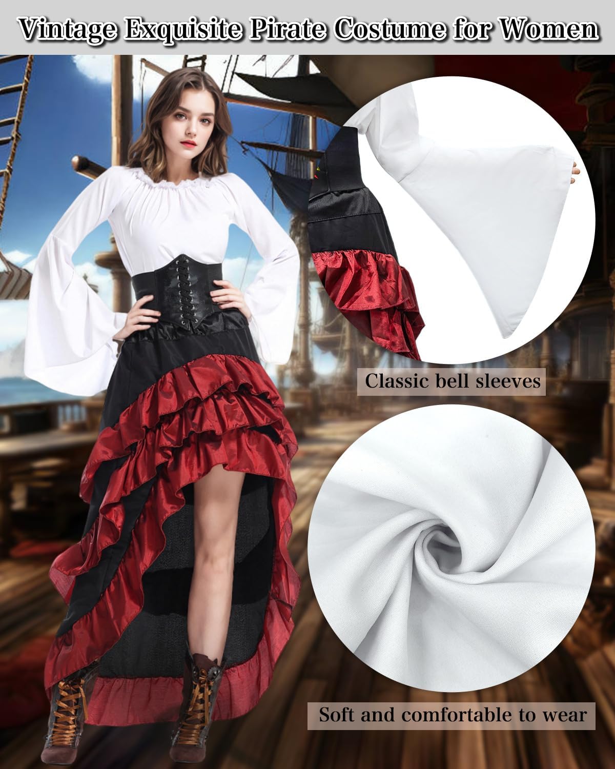 Vercico Pirate Costume Adult Women Medieval Pirate Fancy Dress Retro Elastic Waistband Corset - Image 3