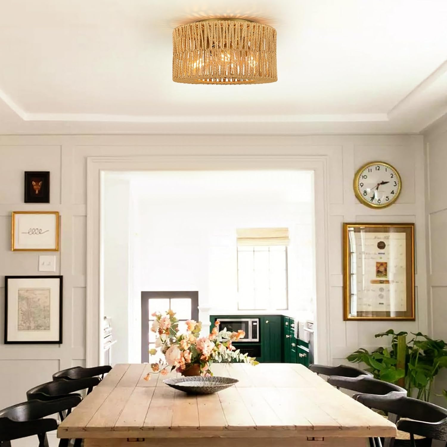 Boho Light Fixtures Ceiling Mount,3-Light Rattan Ceiling Light Flush Mount Ceiling Lighting, Woven Chandelier for Farmhouse Living Bedroom Kitchen Nursery