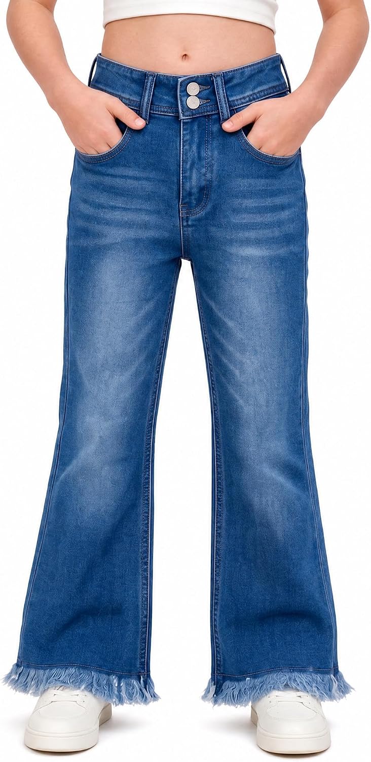 Girls High Waisted Wide Leg Jeans with Adjustable Waist Frayed Hem 4-13Y