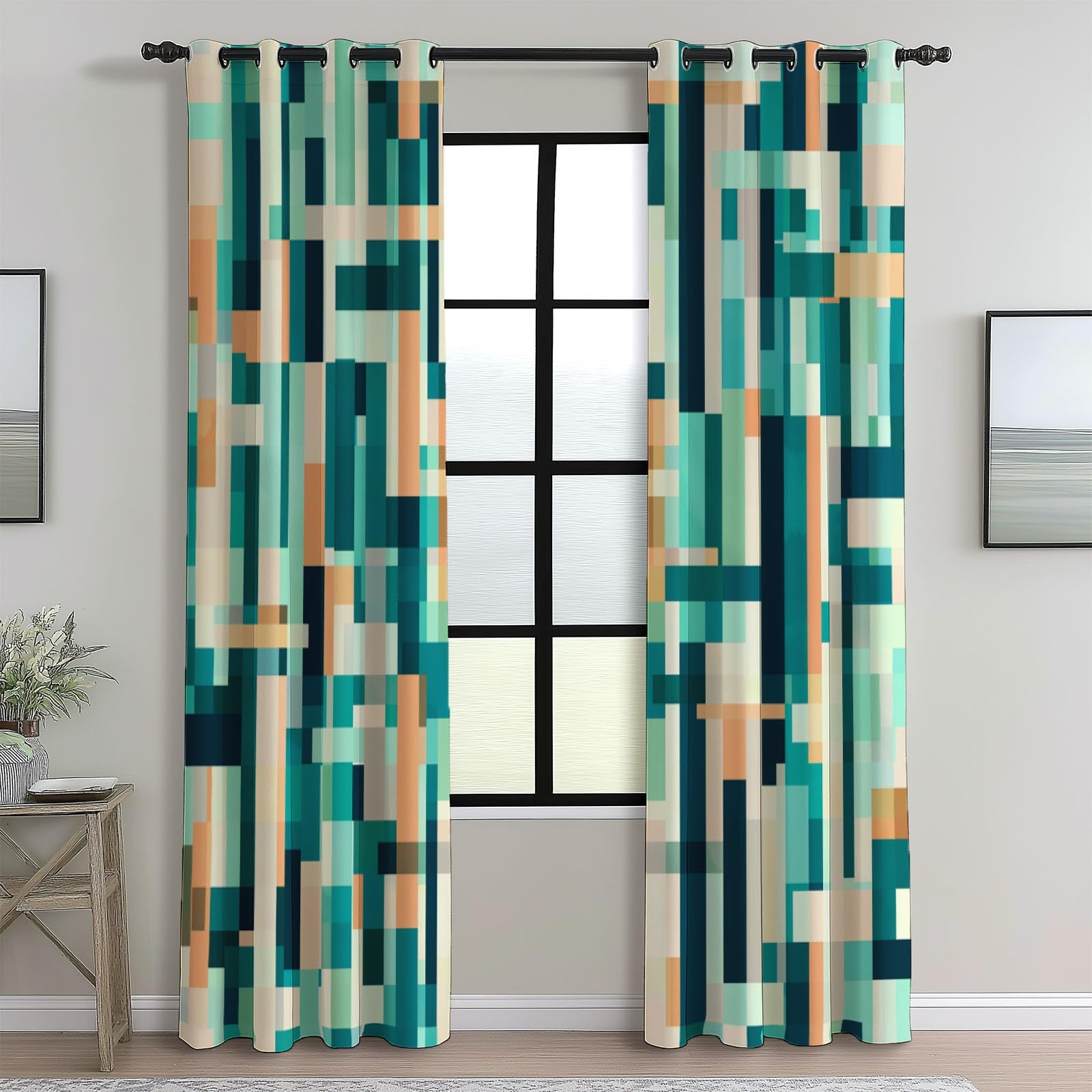 DécorationGéométrie Abstraite Carrés, Rideaux Longs140L X 260H cm (2 Panneaux), Tissu Occultant Gris Clair pour Baie VitréeSarcelle