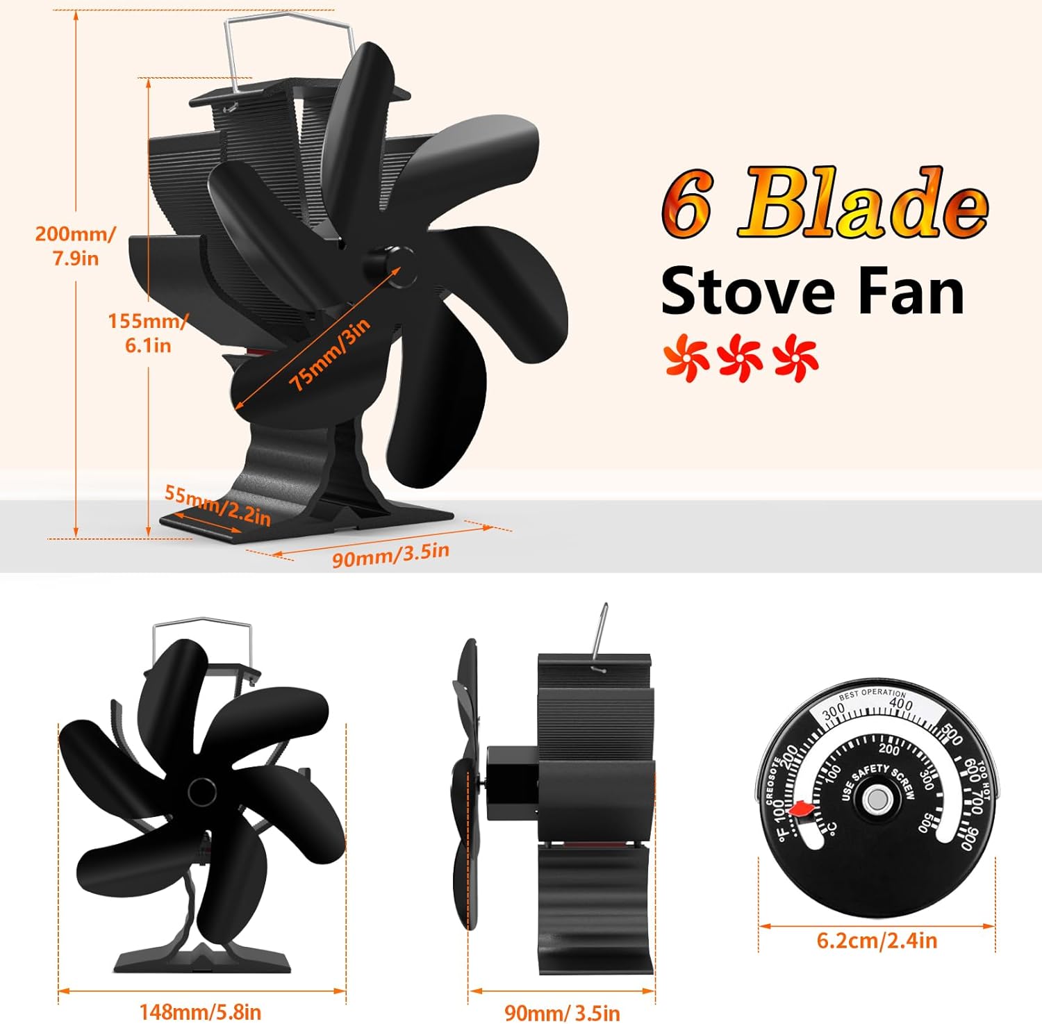 HIDALIFE Wood Stove Fan for Heater, Heat Powered Fireplace 6 Blades Fan with Bracket Compatible for Heater,Thermal Tent Heater Fan for Camping Propane Heater with Magnetic Thermometer