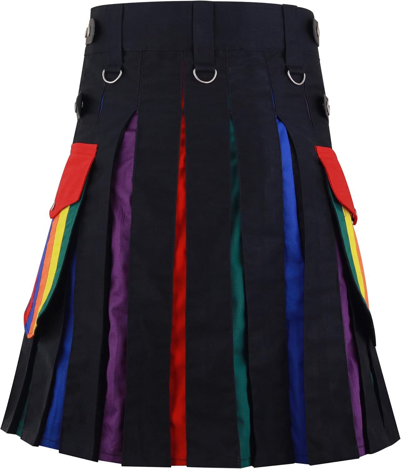 Rainbow Multiy Kilt Black Leather Straps Rainbow Pleats Utility Kilts for Men's
