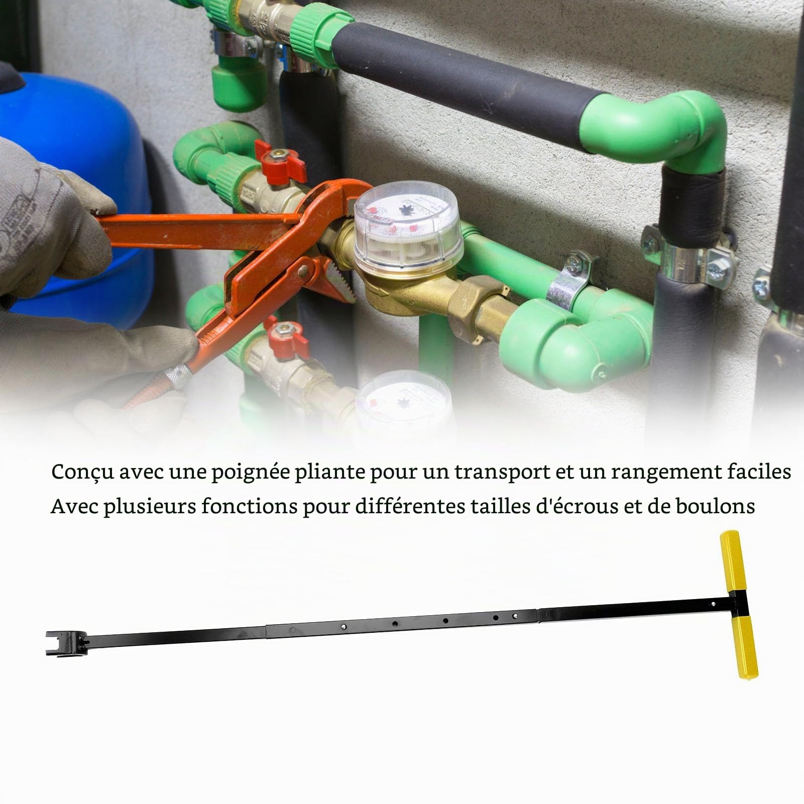 AUNMAS Clé de compteur d'eau multifonctionnelle, poignée en T pliable facile à ranger outil en acier pour réparation domestique et professionnelle des compteurs d'eau