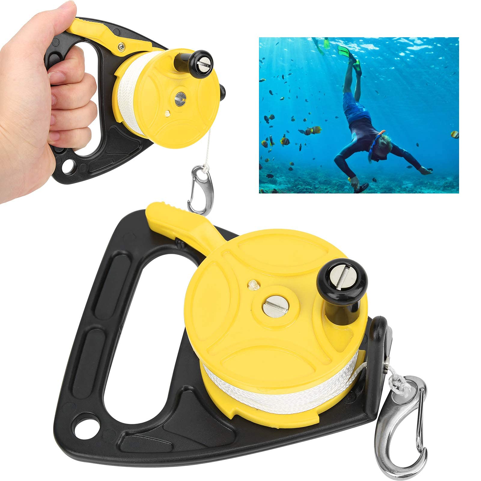 Alomejor Ancla de Kayak de Carrete de Buceo de 150 pies con posición de Tarjeta de Mango combinación de Cuerda de PP para Seguridad Buceo Submarino Snorkel