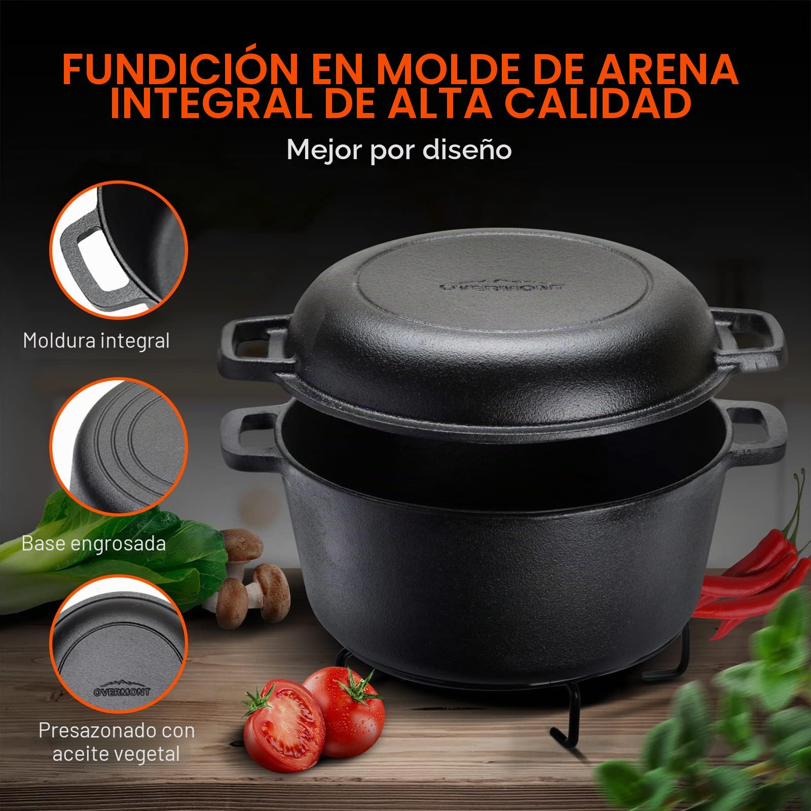 Overmont Olla Holandesa 4.73 L/ 5 Quart Cacerola de Hierro Fundido Tapa de Doble Función Sartén Plancha Pre Sazonado con Cubiertas de Manijas para Camping Cocina Casera Barbacoa Hornear