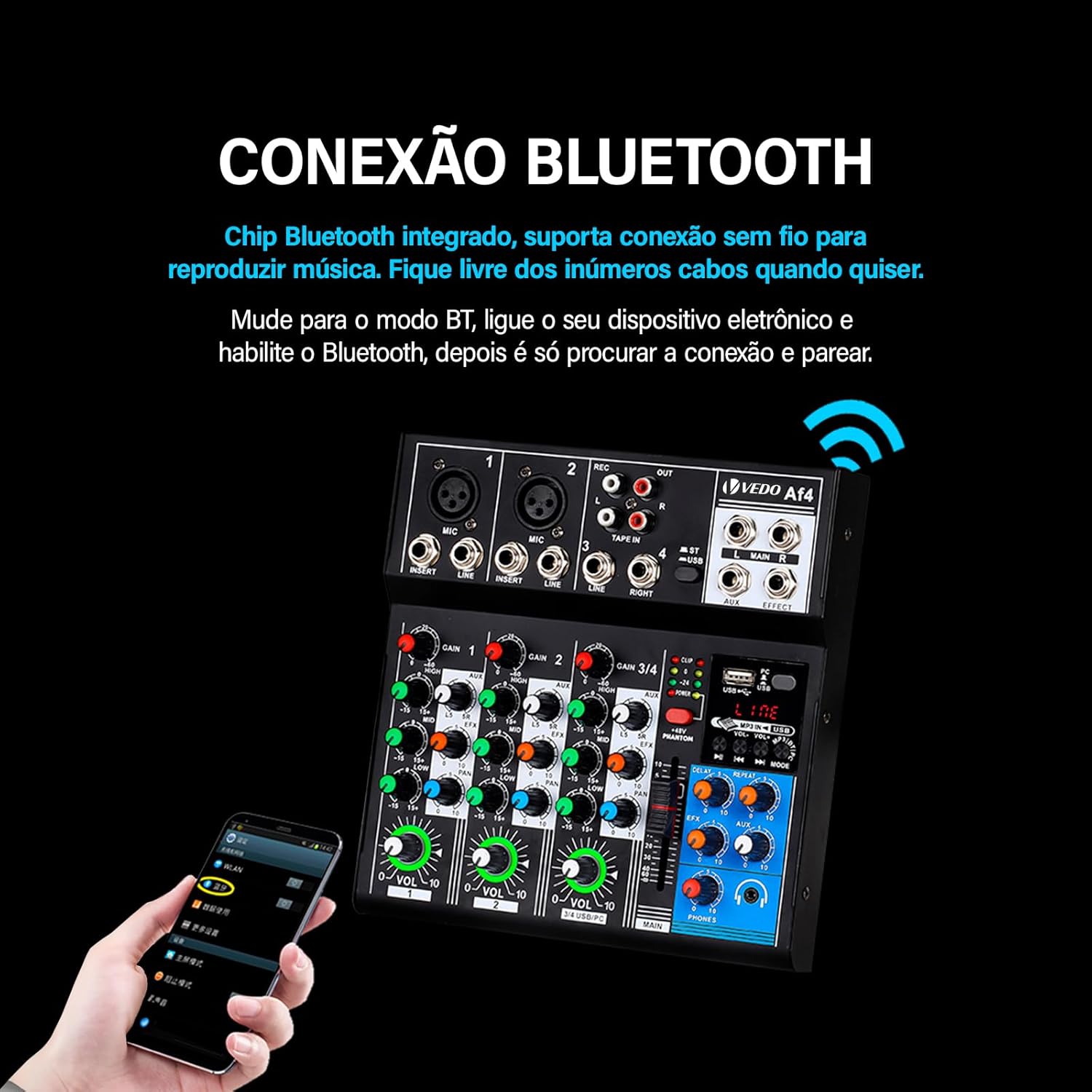 VEDO AF4 mixer connected via Bluetooth to a smartphone