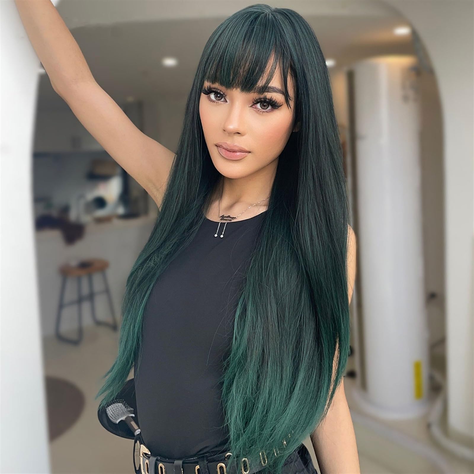 peruki Syntetyczne ciemnozielone peruki Ombre dla kobiet długie proste zielone peruki na co dzień z grzywką włókno termoodporne sztuczne włosy Peruka na imprezę cosplay (Color : 1085-2)