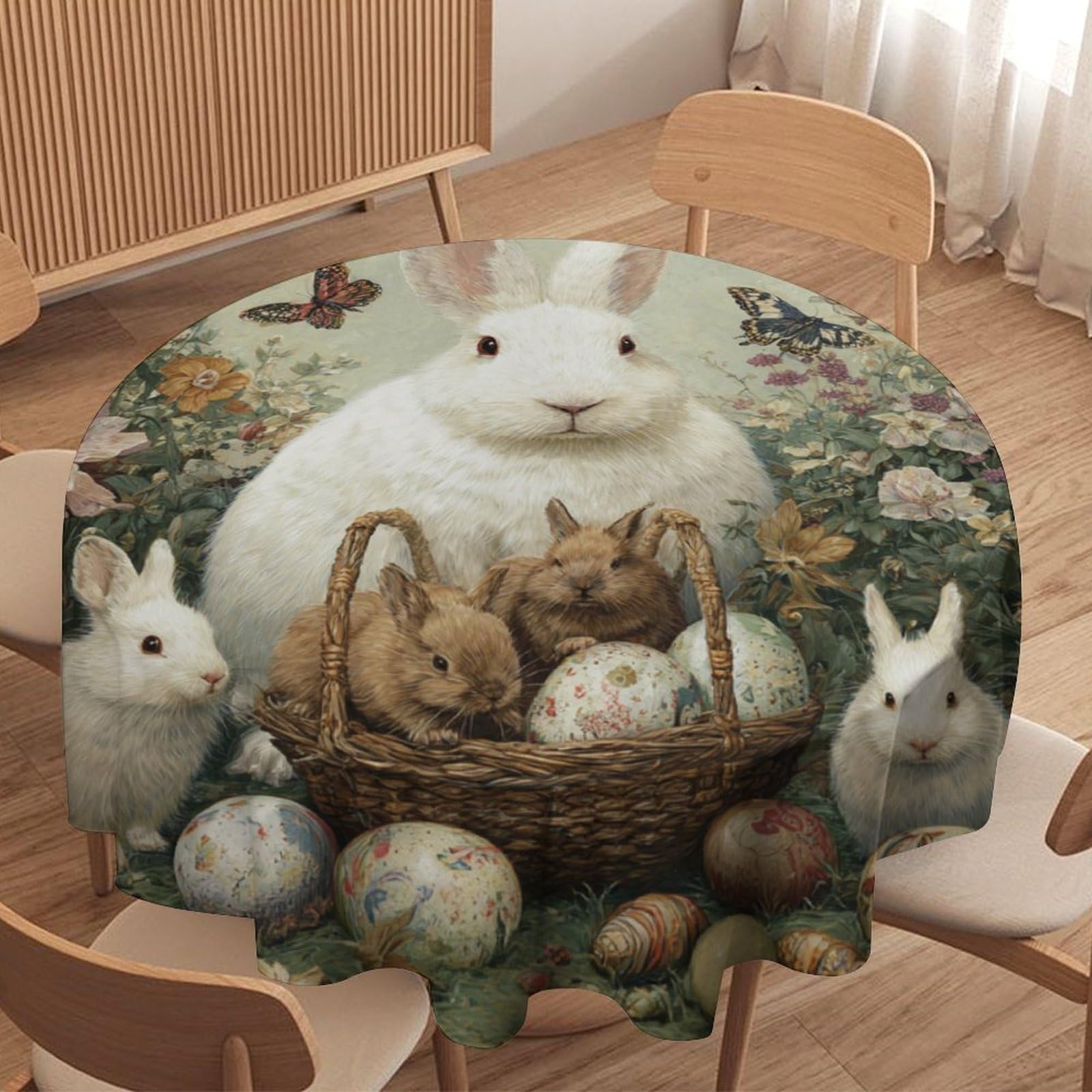 LUYYSKY Cute Vintage Easter Rabbits Round Tablecloth Retro Oil Painting Colorful Eggs Animals Bunny Butterflies Floral Washable Decor for Table Cover for Kitchen-127 Wx127 L cm