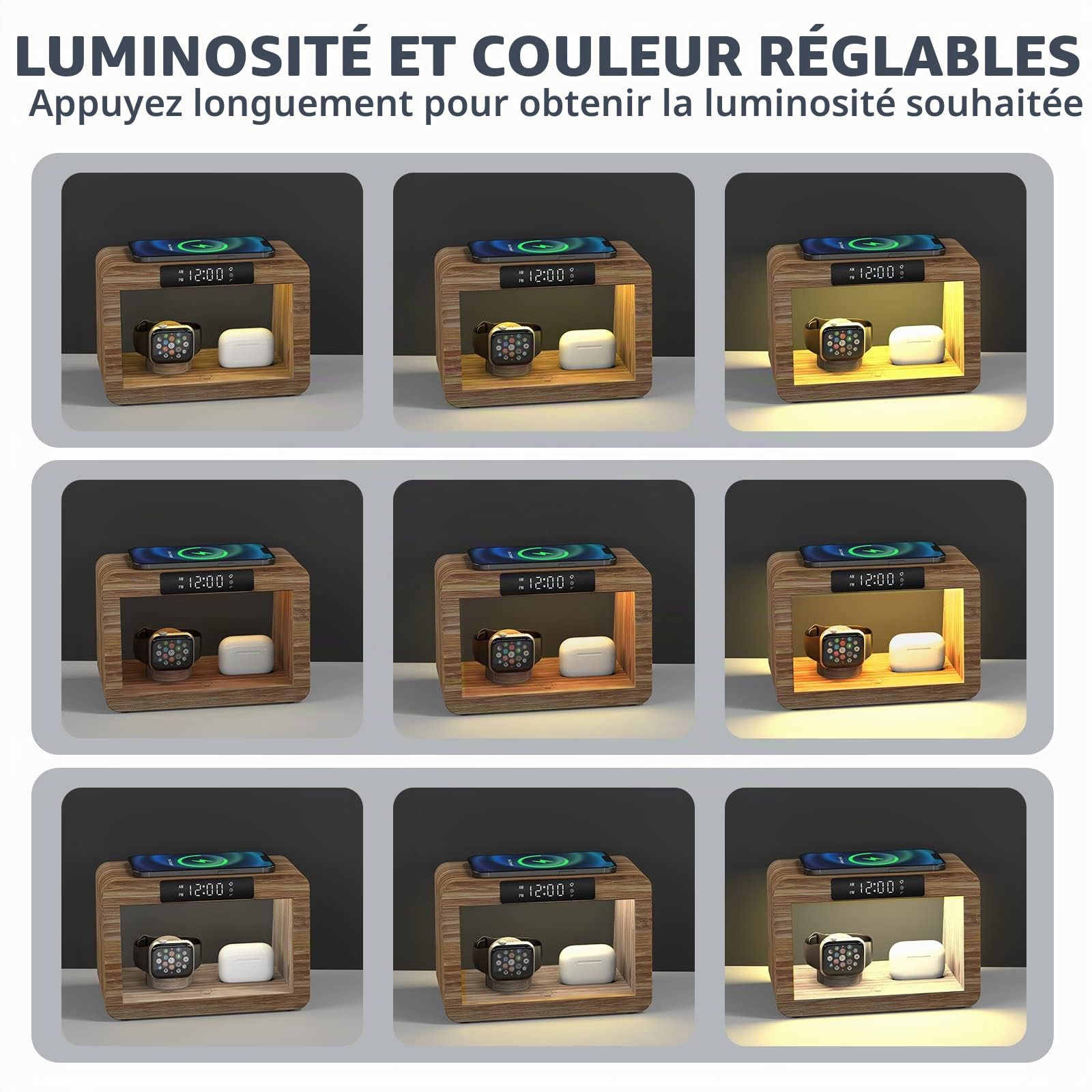 Station de Charge sans Fil 5 en 1, Chargeur Rapide sans Fil avec réveil numérique et veilleuse, Station de Charge en Bambou, Compatible avec iWatch/AirPods/Samsung Galaxy et Autres