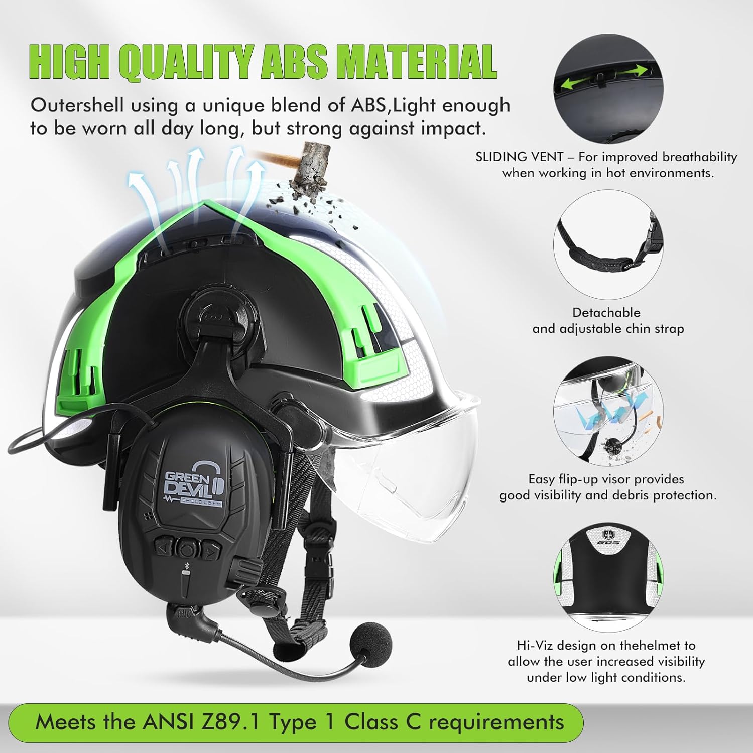 GREEN DEVIL X-Armor Series Hard Hat with Visor and Bluetooth Ear Muffs Vented ABS Work Hardhat for Men Women Cascos De Construccion Safety Helmet Ideal for Industrial & Construction - Image 2