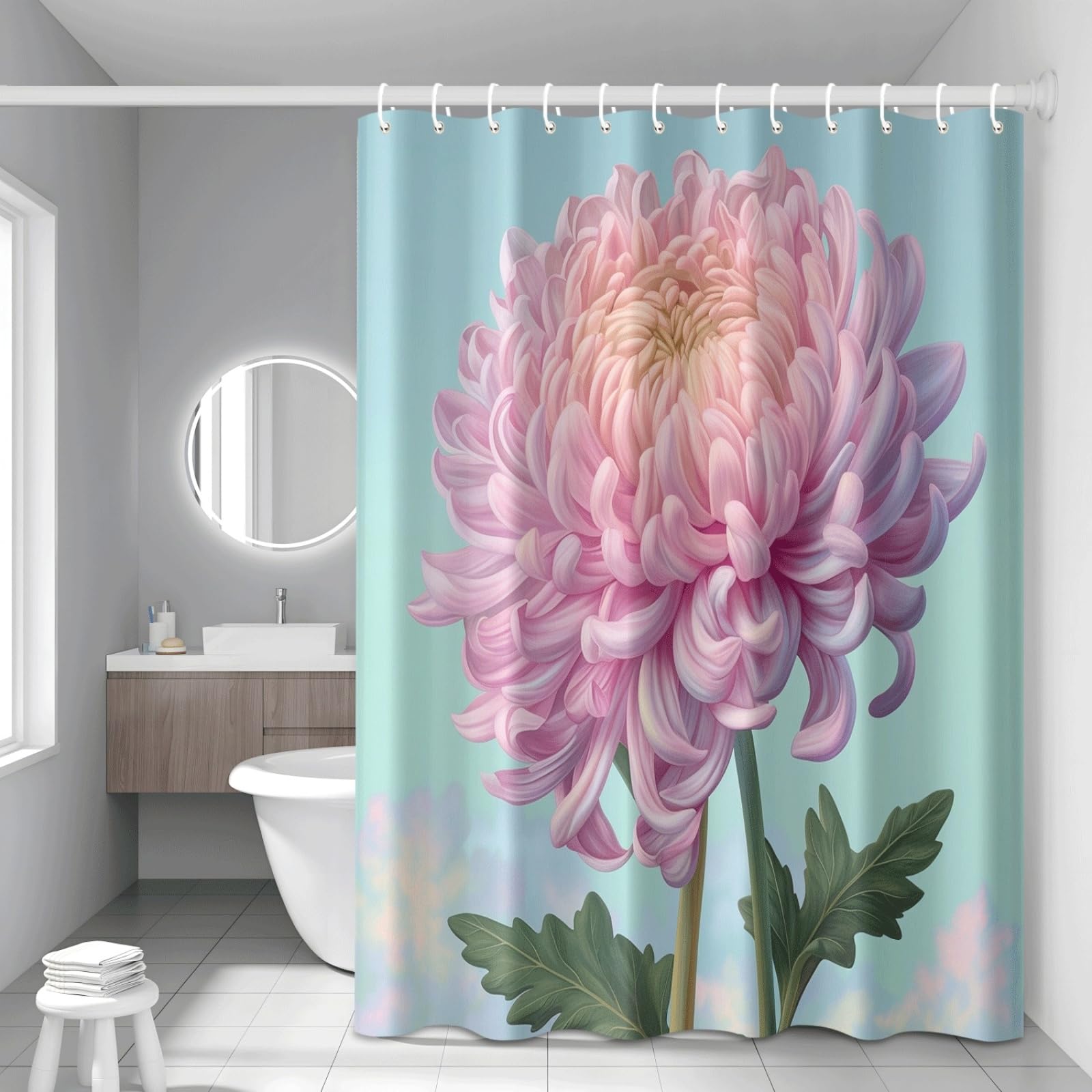 Shower Curtain Light Green Leaves Mould Resistant Shower Curtains for Bathroom Washable Polyester Bathroom Curtains Decor Wet Room Quick Dry Anti Mould Bath Curtain with 12 Hooks 120x180cm