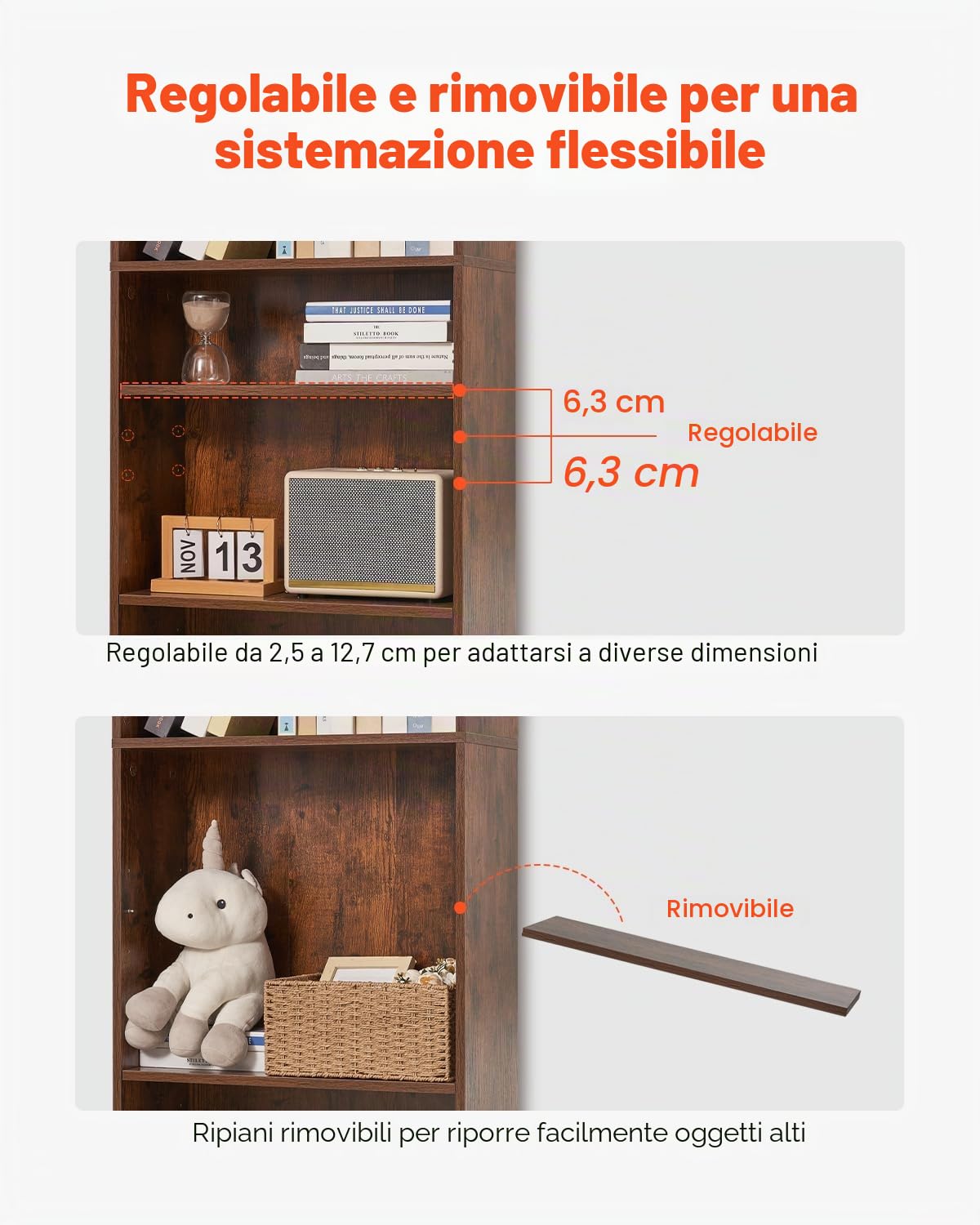 VEVOR Libreria Sottile a 5 Ripiani, Libreria Aperta in Legno 134,5 cm con Ripiano Regolabile in Altezza, Espositore da Pavimento Alto Autoportante, Scaffale per Biblioteca, Soggiorno, Ufficio, Marrone
