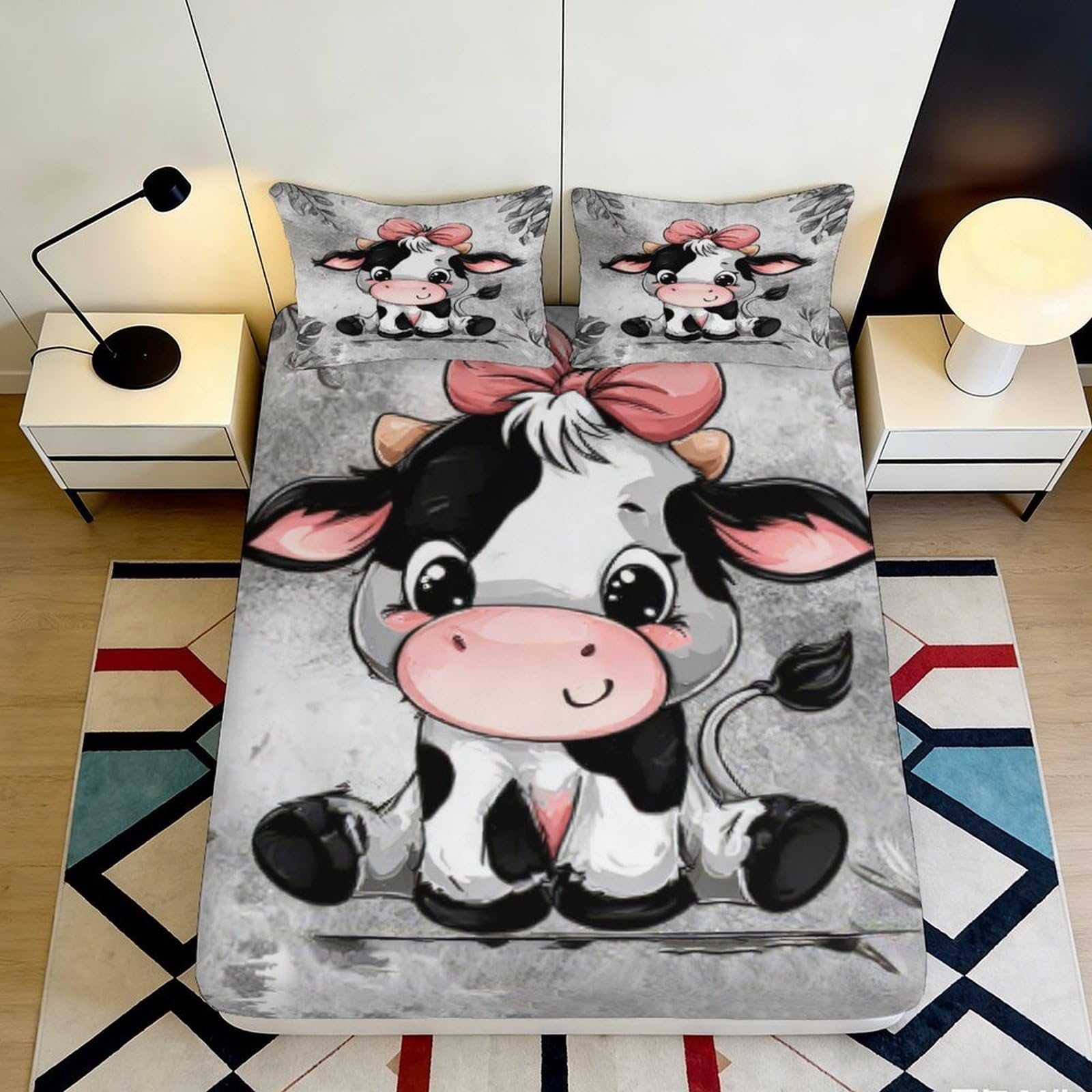Pnayamiorkfel Style-6 3D Printed Cartoon Cow Fitted Sheet Microfiber Soft Grey Black White Bow Mattress Cover For Bedroom Dorm Protective Decor 90X200x25cm