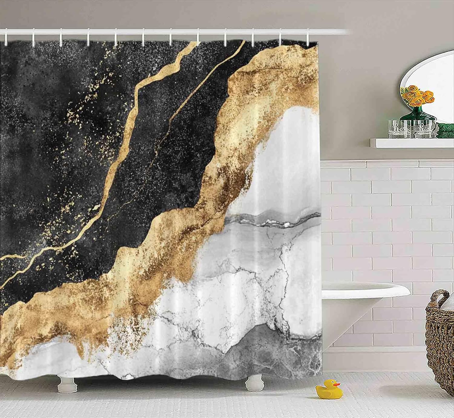 EMMTEEY 4Pcs Bathroom Sets with Shower Curtain and Rugs,Black White Gold Marble Shower Curtain Sets with Non-Slip Bath Rugs,Toilet Cover,U-Shaped Mat for Home Bathroom Accessories Décor