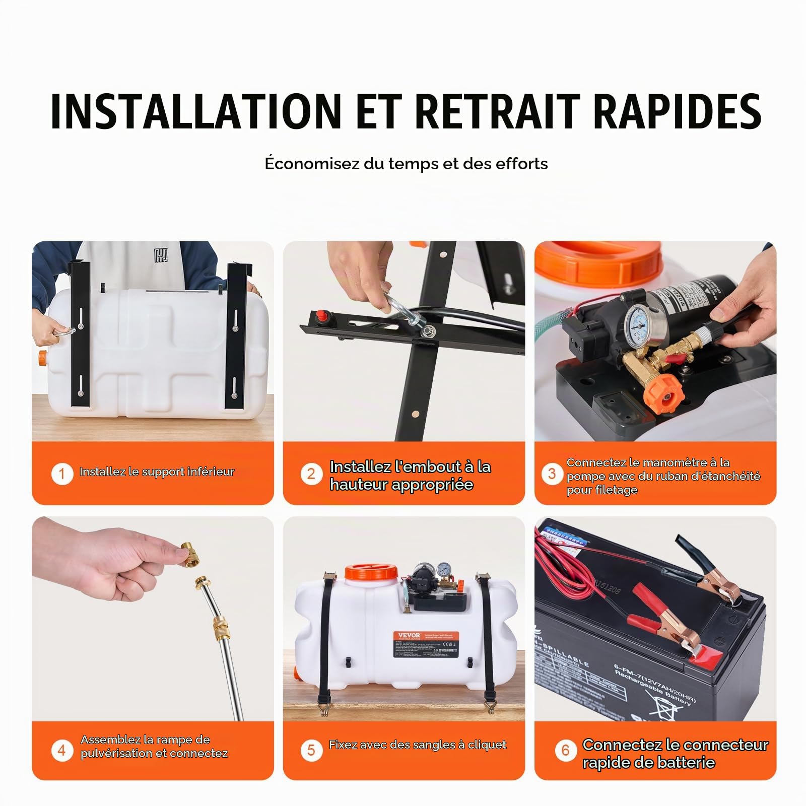 VEVOR Pulvérisateur pour VTT UTV 60 L Pulvérisateur Mauvaises Herbes Jardin à Pompe 12 V avec Réservoir d'eau, Rampe de Buses, Tuyau de 6,1 m, Débit de Pompe 7 L/Min Pression Réglable 0-72 PSI, Blanc