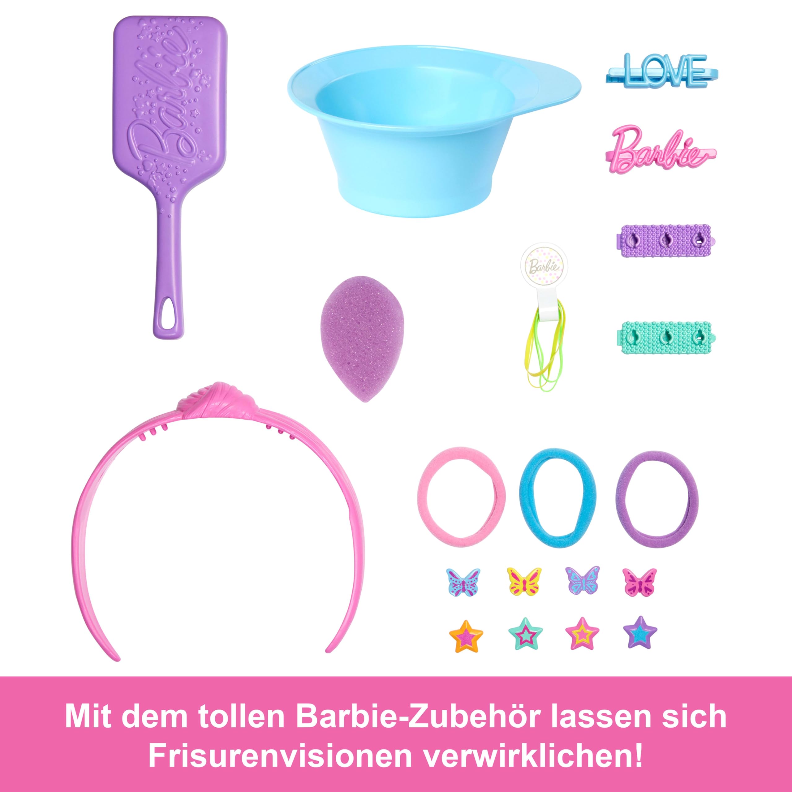 Barbie-Puppe Styling-Kopf, Blondes Haar mit mehr als 20 Styling-Zubehörteilen inklusive Stern, Schmetterling und Haarclips mit Farbwechsel, JFG81