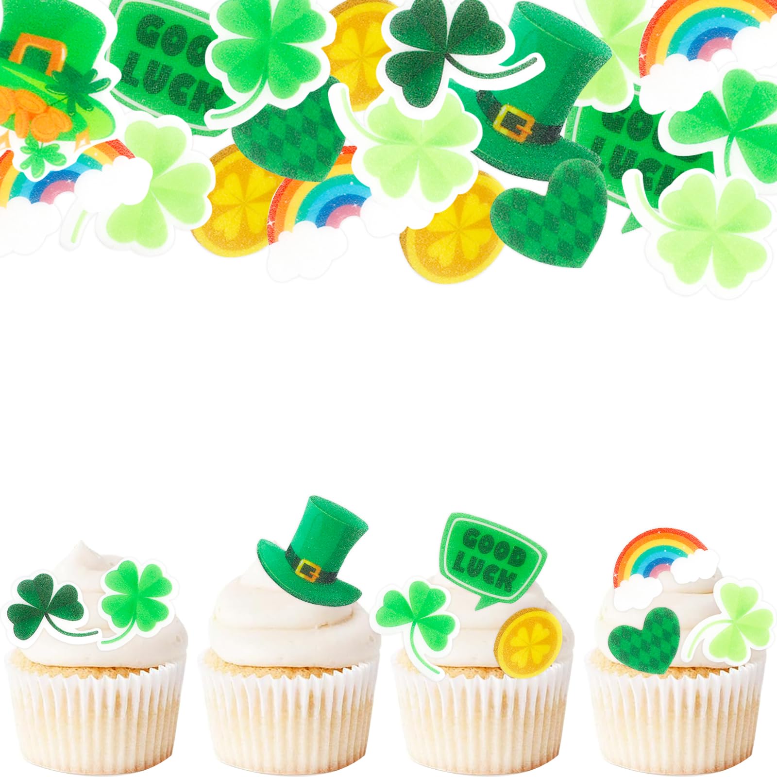 ENLACE 75 Stück St. Patrick's Day Tortendeko Essbar, Esspapier Glücksklee Cupcake Deko, Essbare Vierblättriges Kleeblatt für Torte, Glücksklee Kuchen Deko Essbar, Muffin Topper für St. Patrick's Day