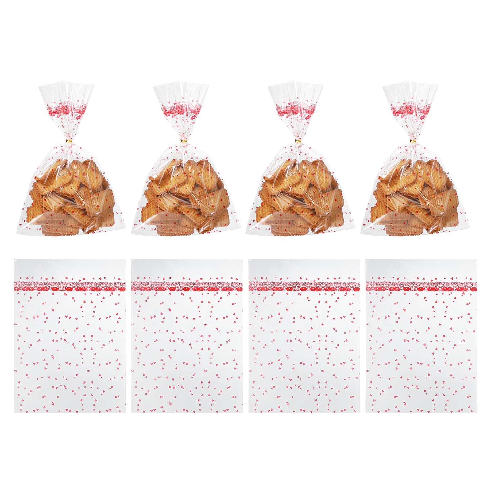 sourcing map 100pcs Clear Treat Bags, 9.8" x 7.1" Valentines Cookie Bags with Twist Ties for Valentine's Day Candy Packaging Red