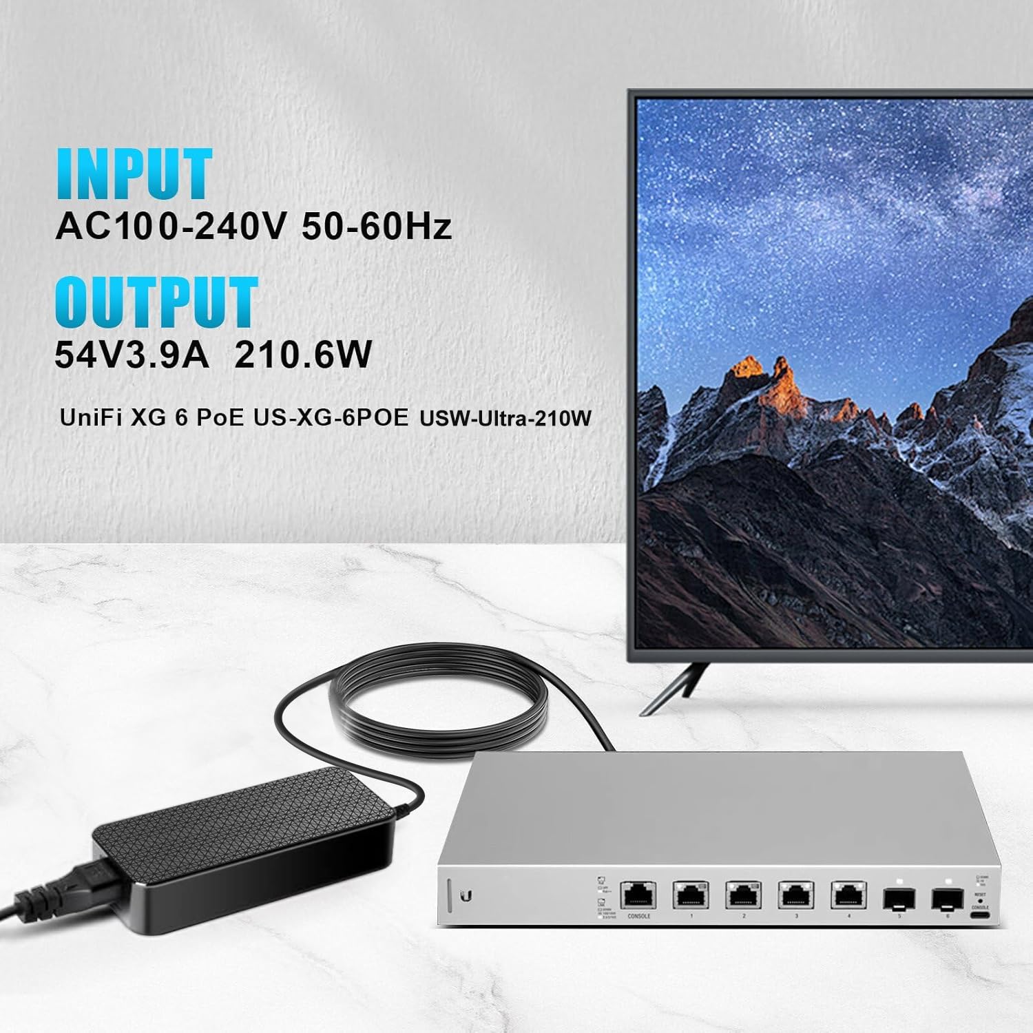 KFD 54V DC Netzteil AC Adapter 210W Ladegerät für Ubiquiti UniFi Switch USW-Ultra-210W USW-Pro-Max-16-PoE(180W) UniFi XG 6 USW-Flex-2.5G-8-PoE Switch UACC-Adapter-AC-210W-EU ADS-210NX-48-1 540210E